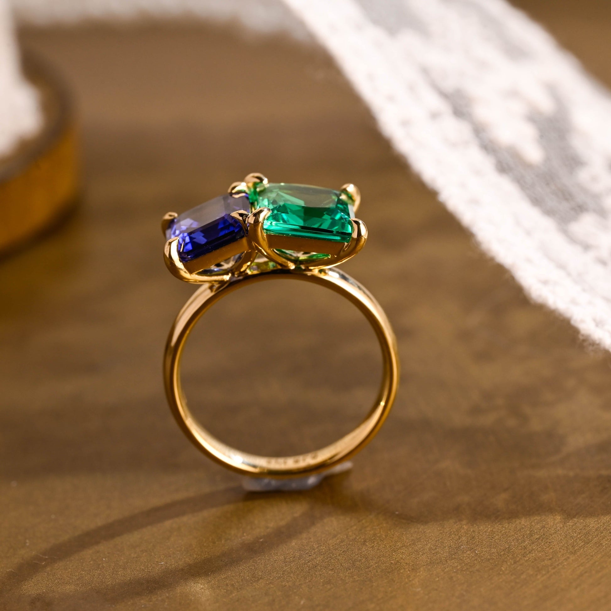 SquareJewelry asscher cut lab grown emerald engagement ring Solid Gold Toi et Moi Asscher Lab Grown Sapphire & Princess Lab Grown Emerald Engagement Ring