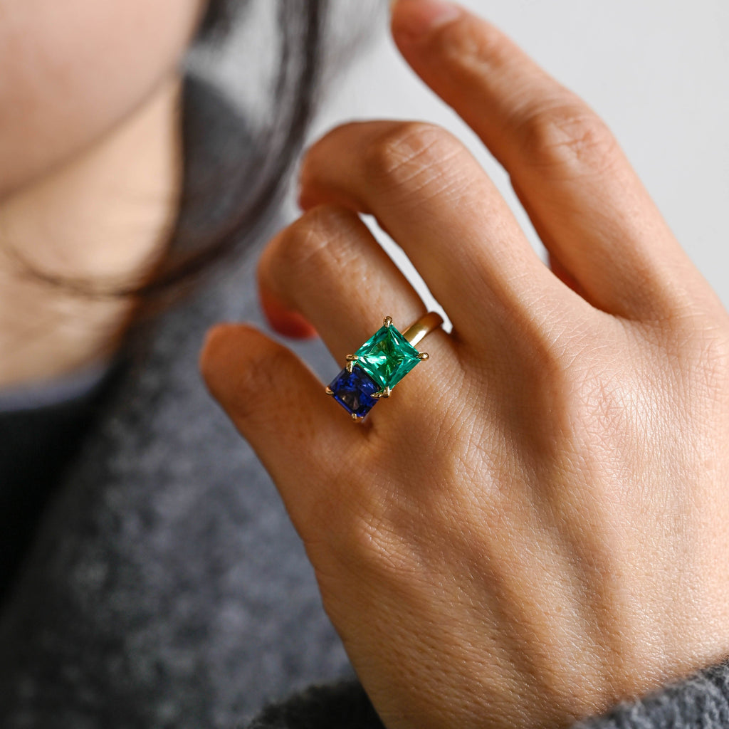 SquareJewelry asscher cut lab grown emerald engagement ring Solid Gold Toi et Moi Asscher Lab Grown Sapphire & Princess Lab Grown Emerald Engagement Ring