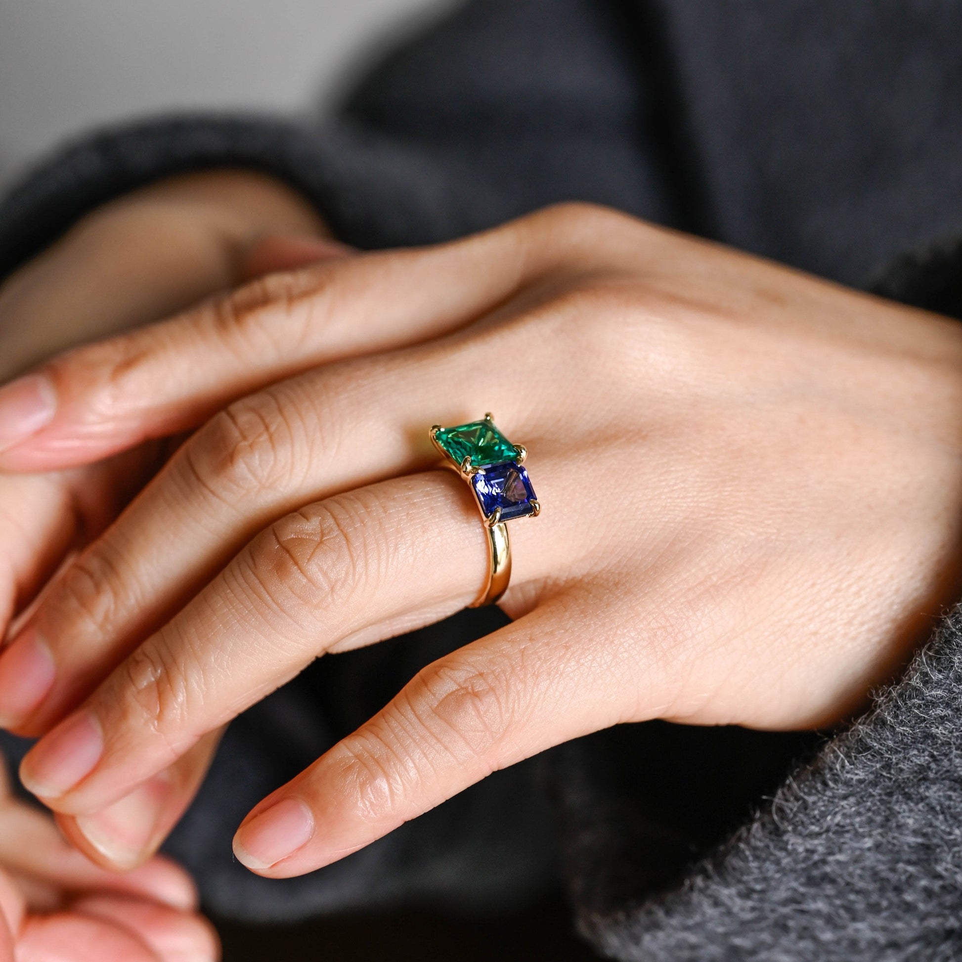 SquareJewelry asscher cut lab grown emerald engagement ring Solid Gold Toi et Moi Asscher Lab Grown Sapphire & Princess Lab Grown Emerald Engagement Ring