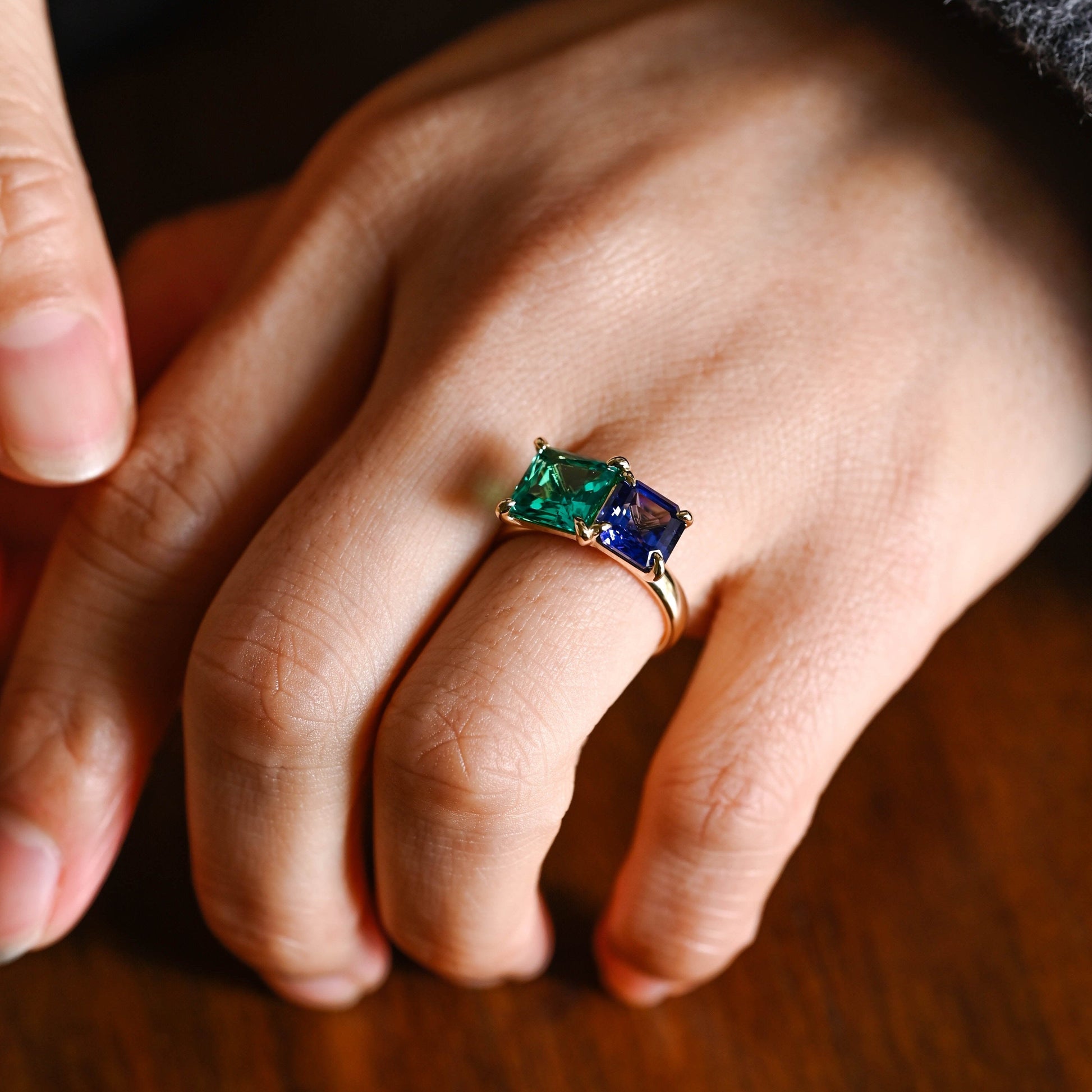 SquareJewelry asscher cut lab grown emerald engagement ring Solid Gold Toi et Moi Asscher Lab Grown Sapphire & Princess Lab Grown Emerald Engagement Ring