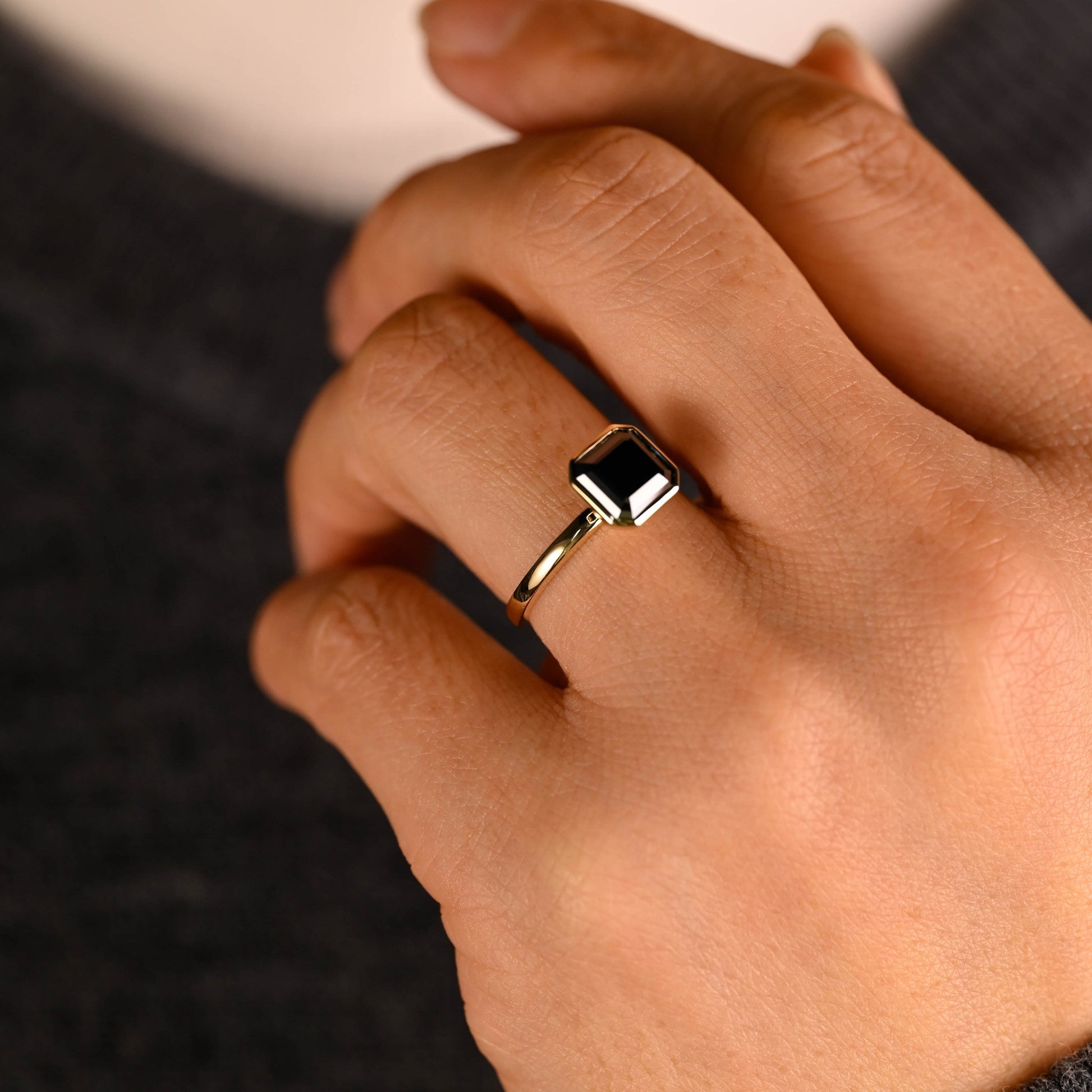 SquareJewelry asscher cut moissanite engagement ring Solid Gold Bezel Black Asscher Moissanite Engagement Ring