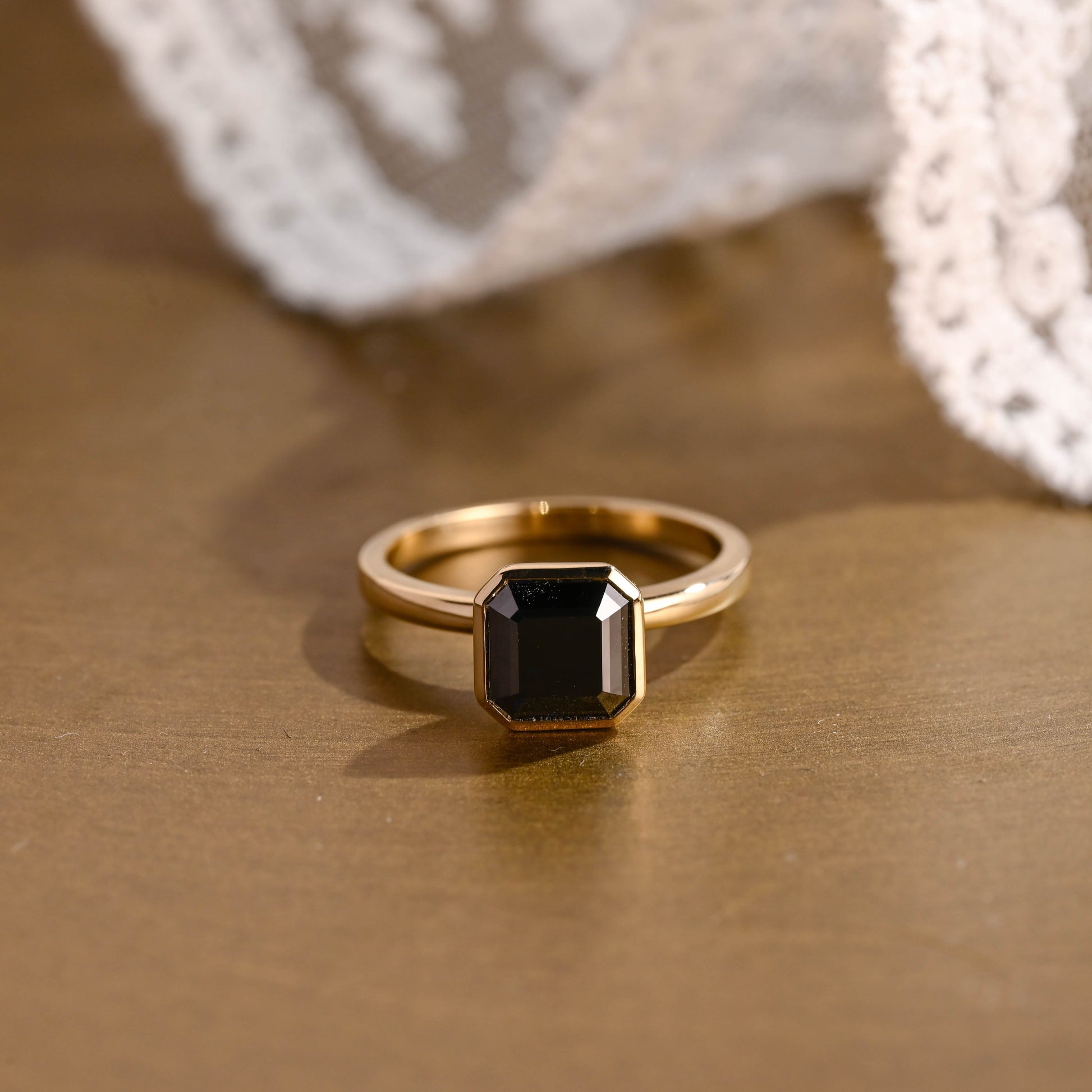 SquareJewelry asscher cut moissanite engagement ring Solid Gold Bezel Black Asscher Moissanite Engagement Ring