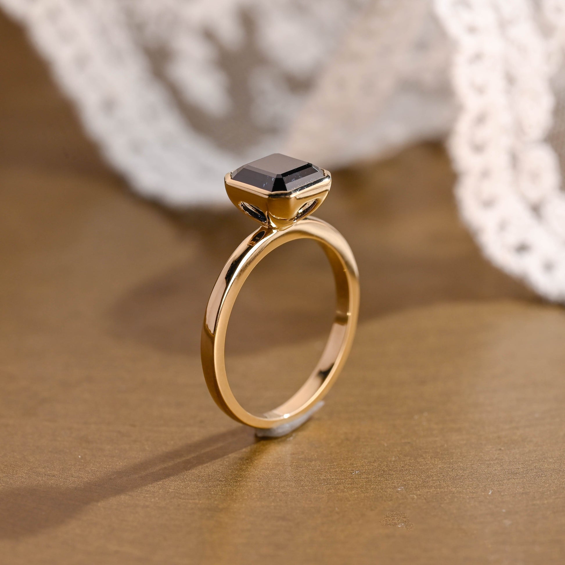 SquareJewelry asscher cut moissanite engagement ring Solid Gold Bezel Black Asscher Moissanite Engagement Ring