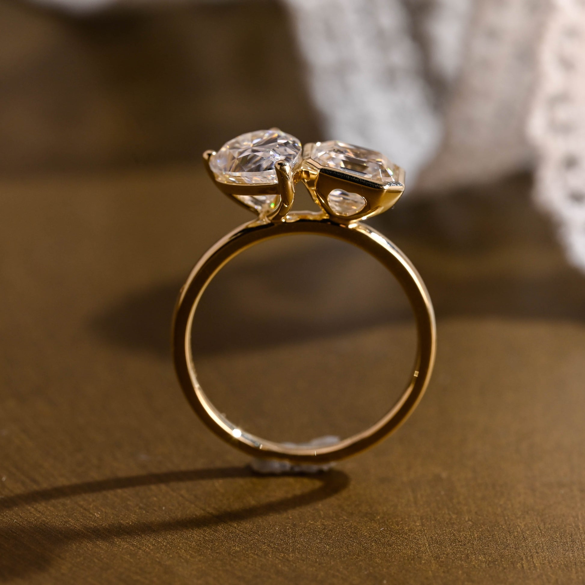 SquareJewelry asscher cut moissanite engagement ring Solid Gold Toi et Moi Asscher & Pear Cut Moissanite Engagement Ring