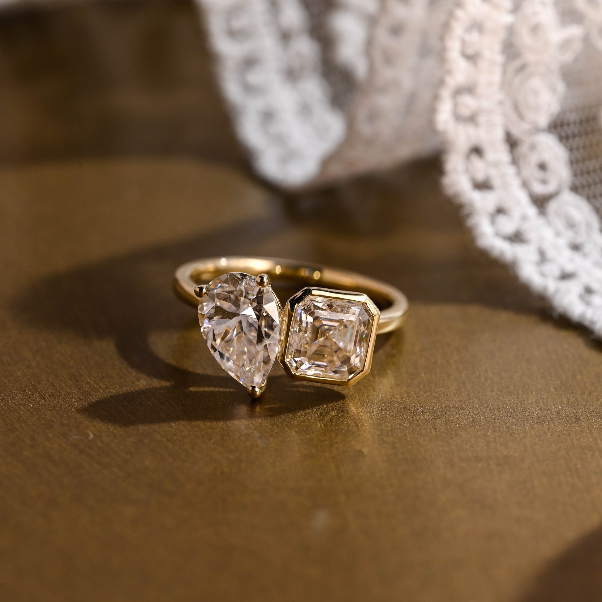 SquareJewelry asscher cut moissanite engagement ring Solid Gold Toi et Moi Asscher & Pear Cut Moissanite Engagement Ring