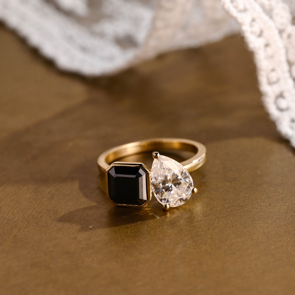 SquareJewelry asscher cut moissanite engagement ring Solid Gold Toi et Moi Black Asscher & Pear Cut Moissanite Engagement Ring