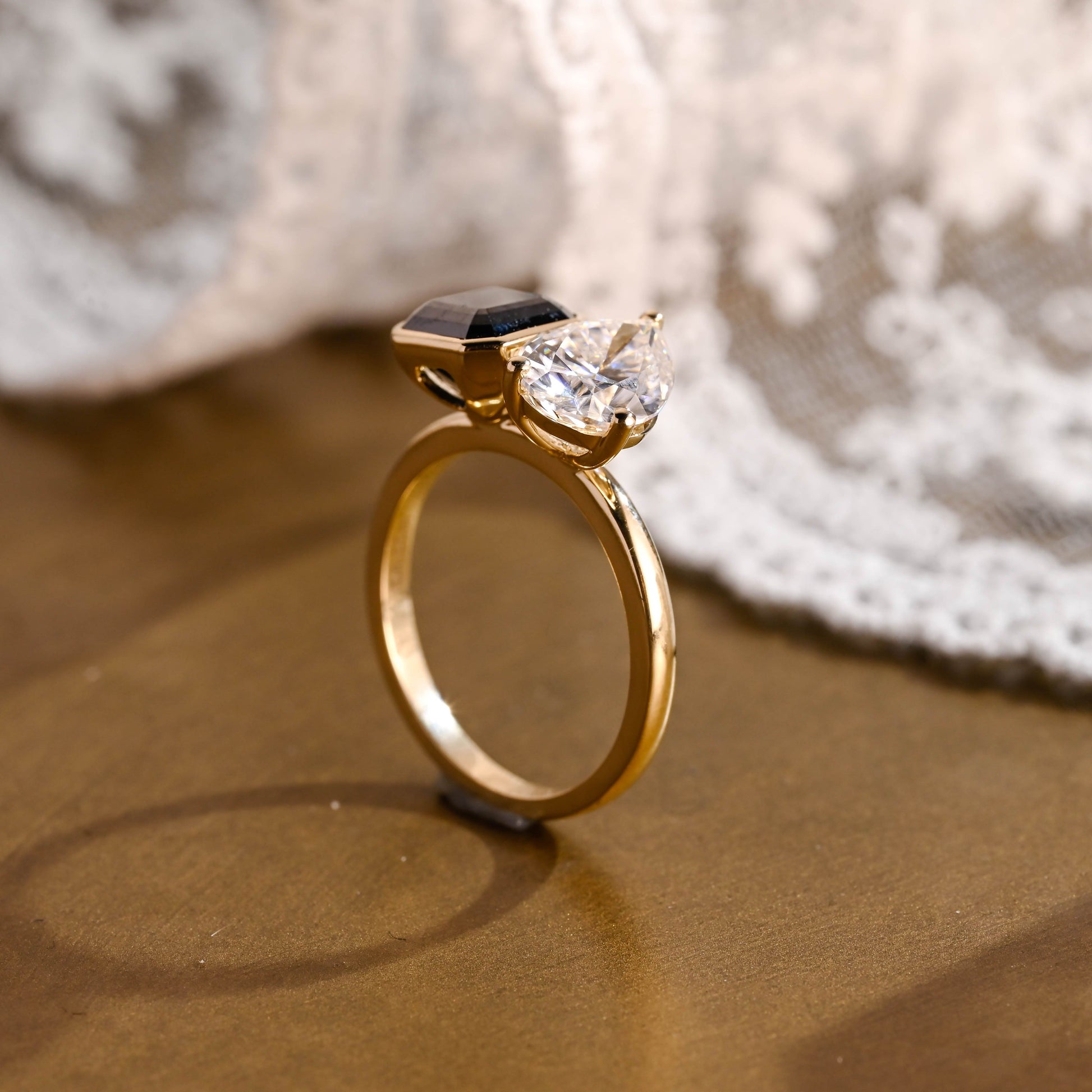 SquareJewelry asscher cut moissanite engagement ring Solid Gold Toi et Moi Black Asscher & Pear Cut Moissanite Engagement Ring