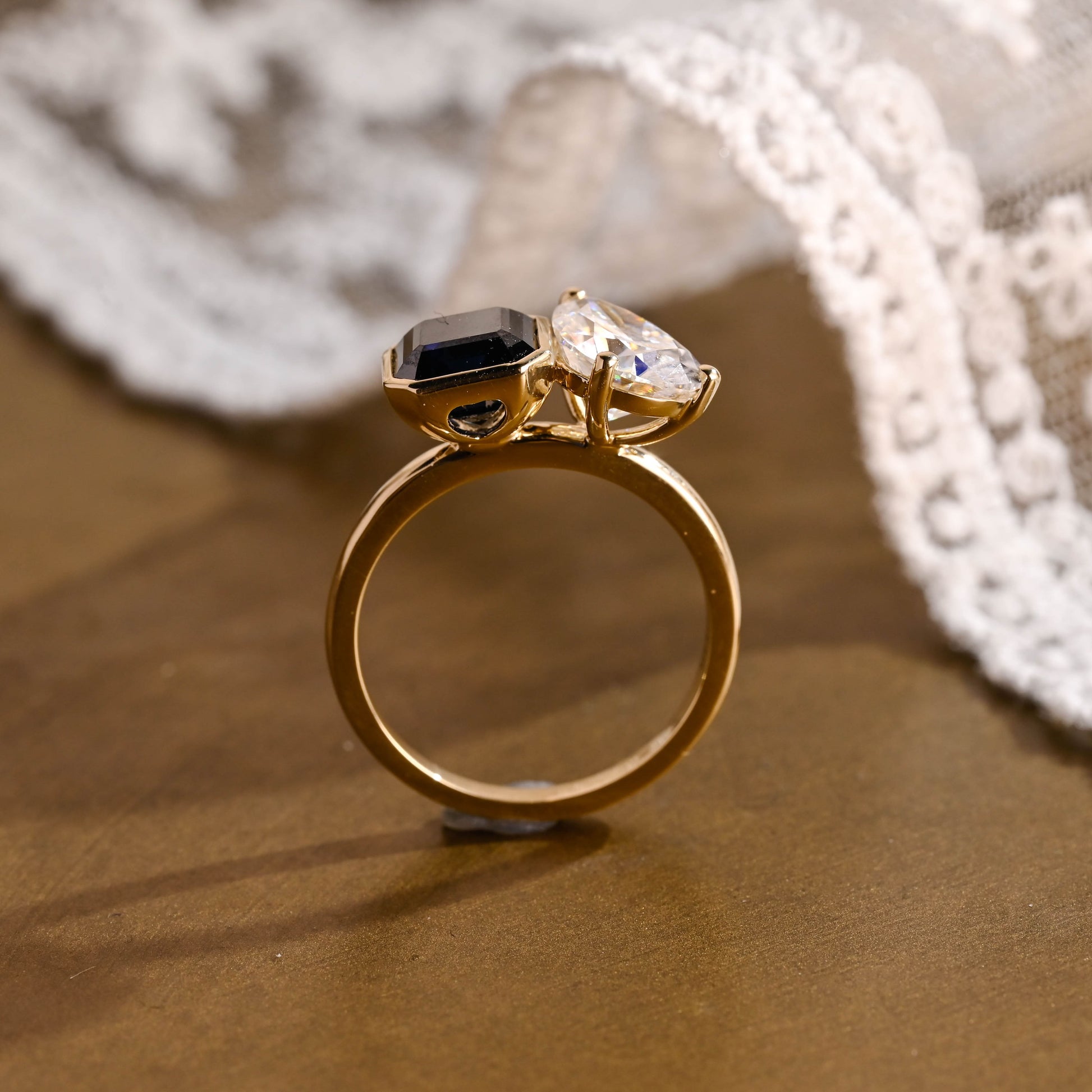 SquareJewelry asscher cut moissanite engagement ring Solid Gold Toi et Moi Black Asscher & Pear Cut Moissanite Engagement Ring
