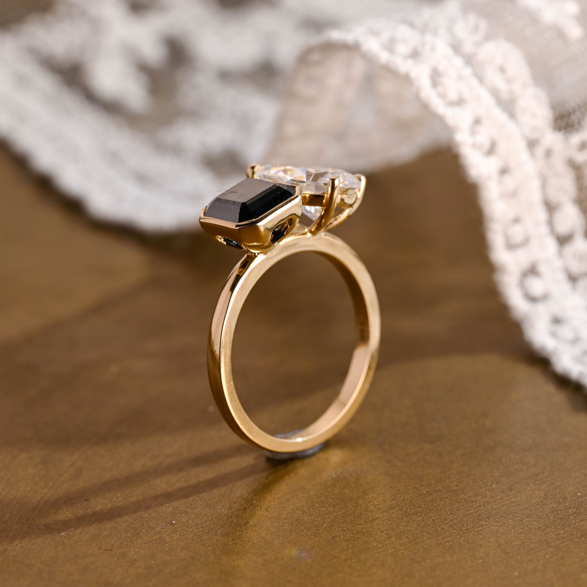 SquareJewelry asscher cut moissanite engagement ring Solid Gold Toi et Moi Black Asscher & Pear Cut Moissanite Engagement Ring