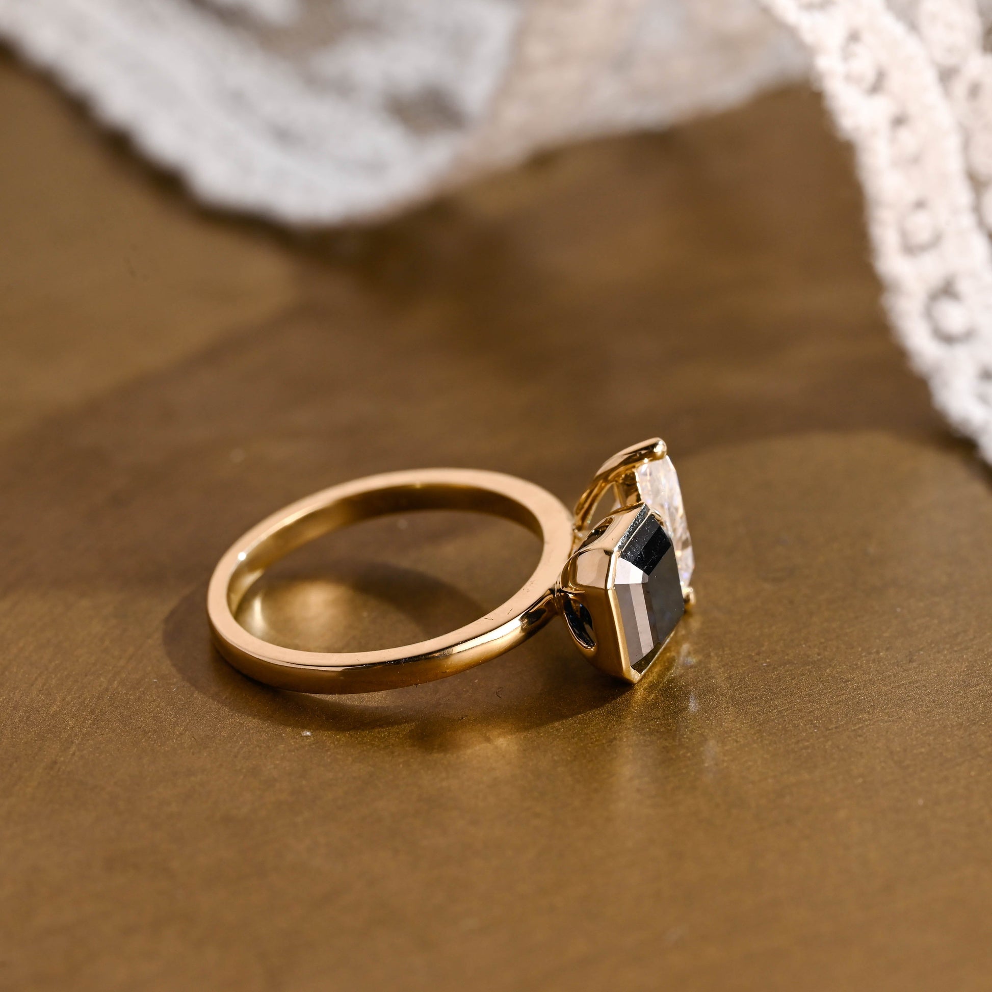 SquareJewelry asscher cut moissanite engagement ring Solid Gold Toi et Moi Black Asscher & Pear Cut Moissanite Engagement Ring