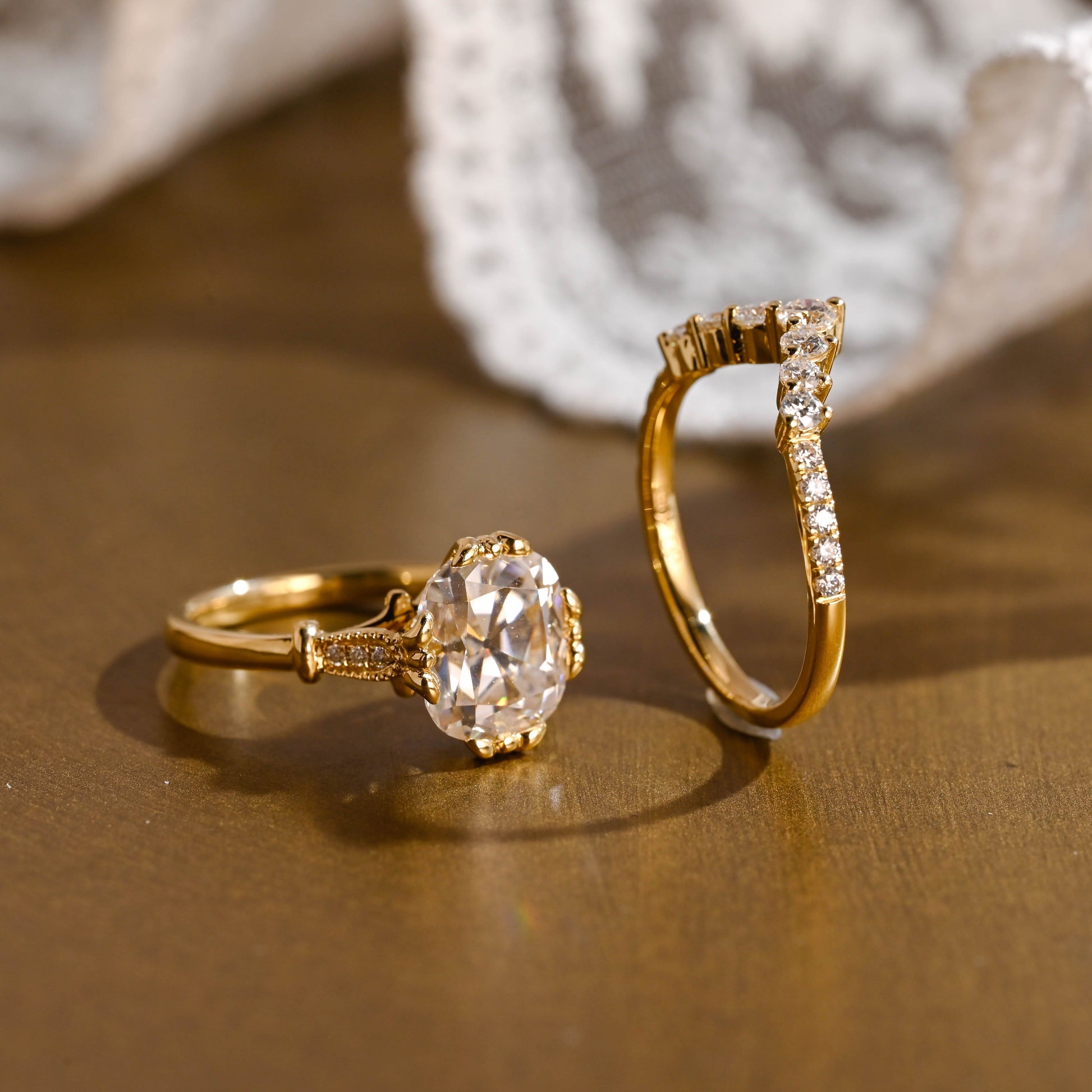 SquareJewelry cushion cut bridal set Solid Gold Filigree Cushion Cut Moissanite Engagement Ring Set