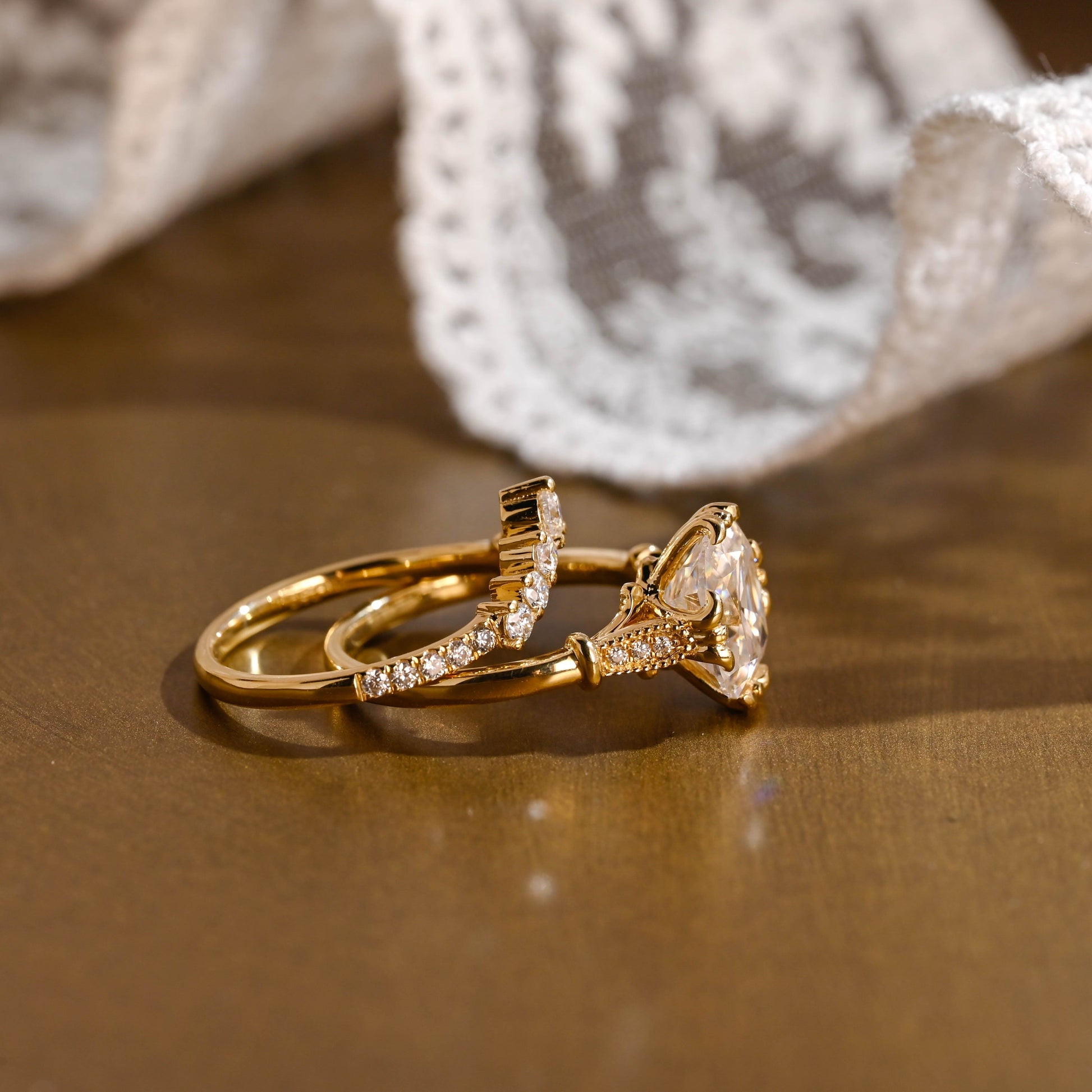 SquareJewelry cushion cut bridal set Solid Gold Filigree Cushion Cut Moissanite Engagement Ring Set