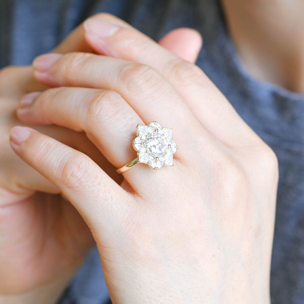 SquareJewelry cushion cut moissanite engagement ring Solid Gold Cluster Cushion Cut Moissanite Engagement Ring