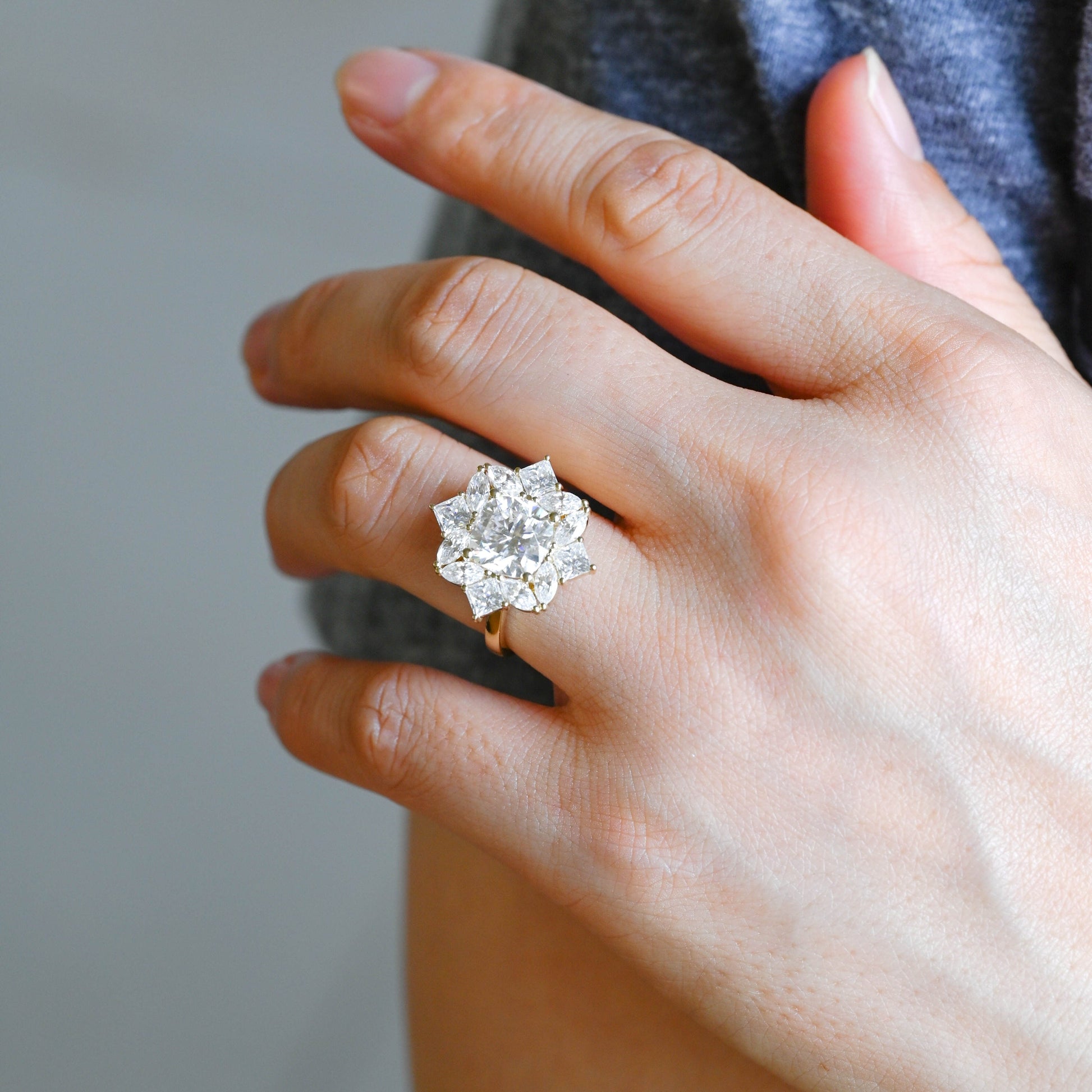 SquareJewelry cushion cut moissanite engagement ring Solid Gold Cluster Cushion Cut Moissanite Engagement Ring