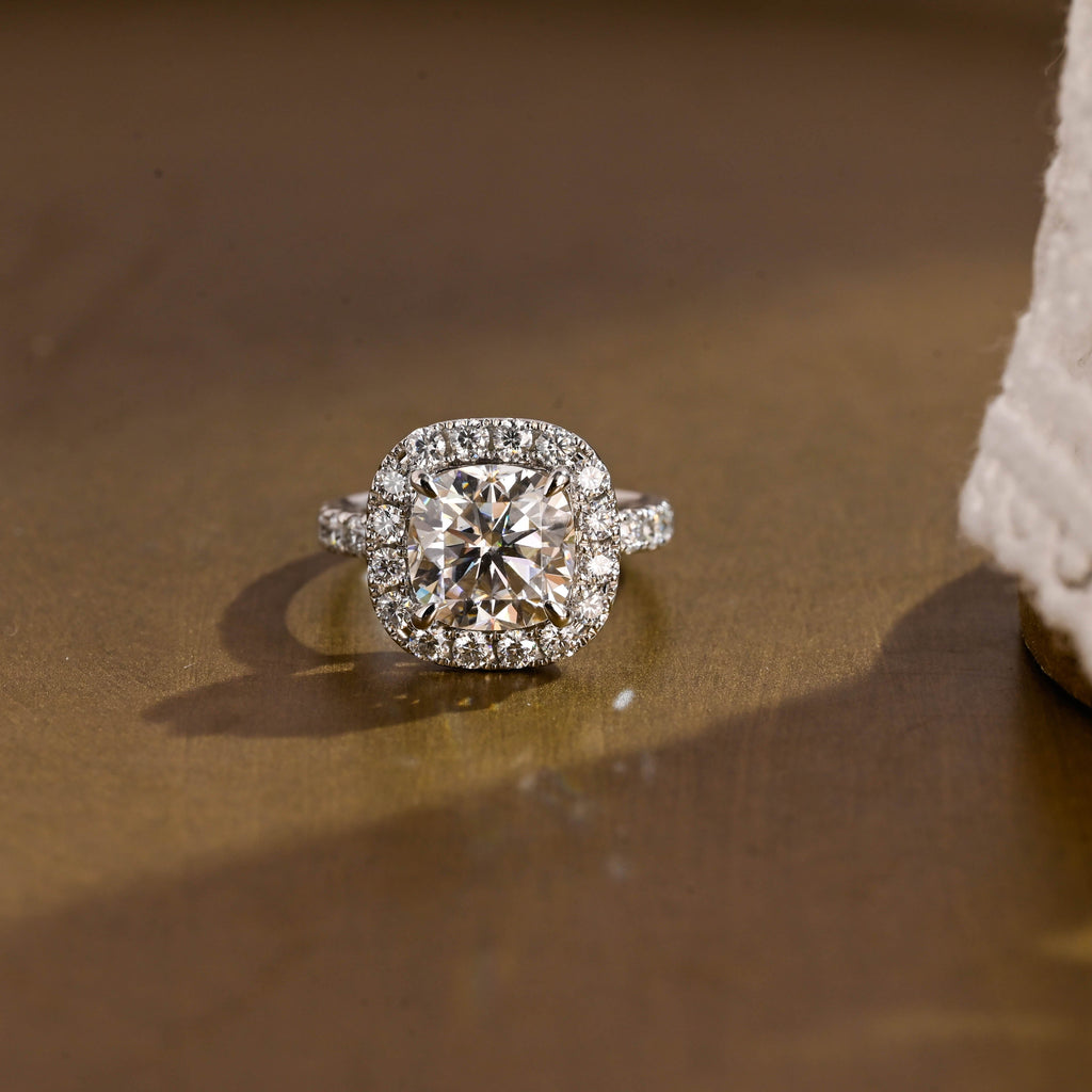 SquareJewelry cushion cut moissanite engagement ring Solid Gold Halo Cushion Moissanite Engagement Ring