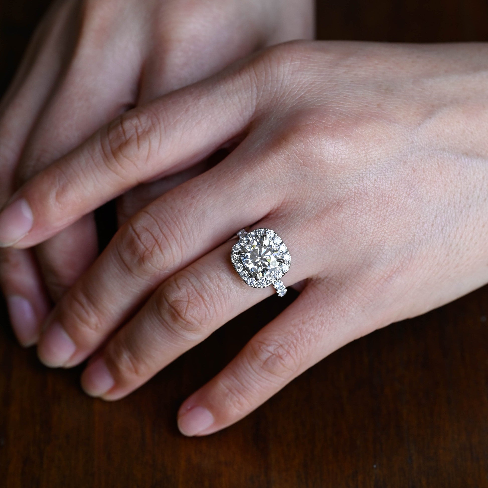 SquareJewelry cushion cut moissanite engagement ring Solid Gold Halo Cushion Moissanite Engagement Ring