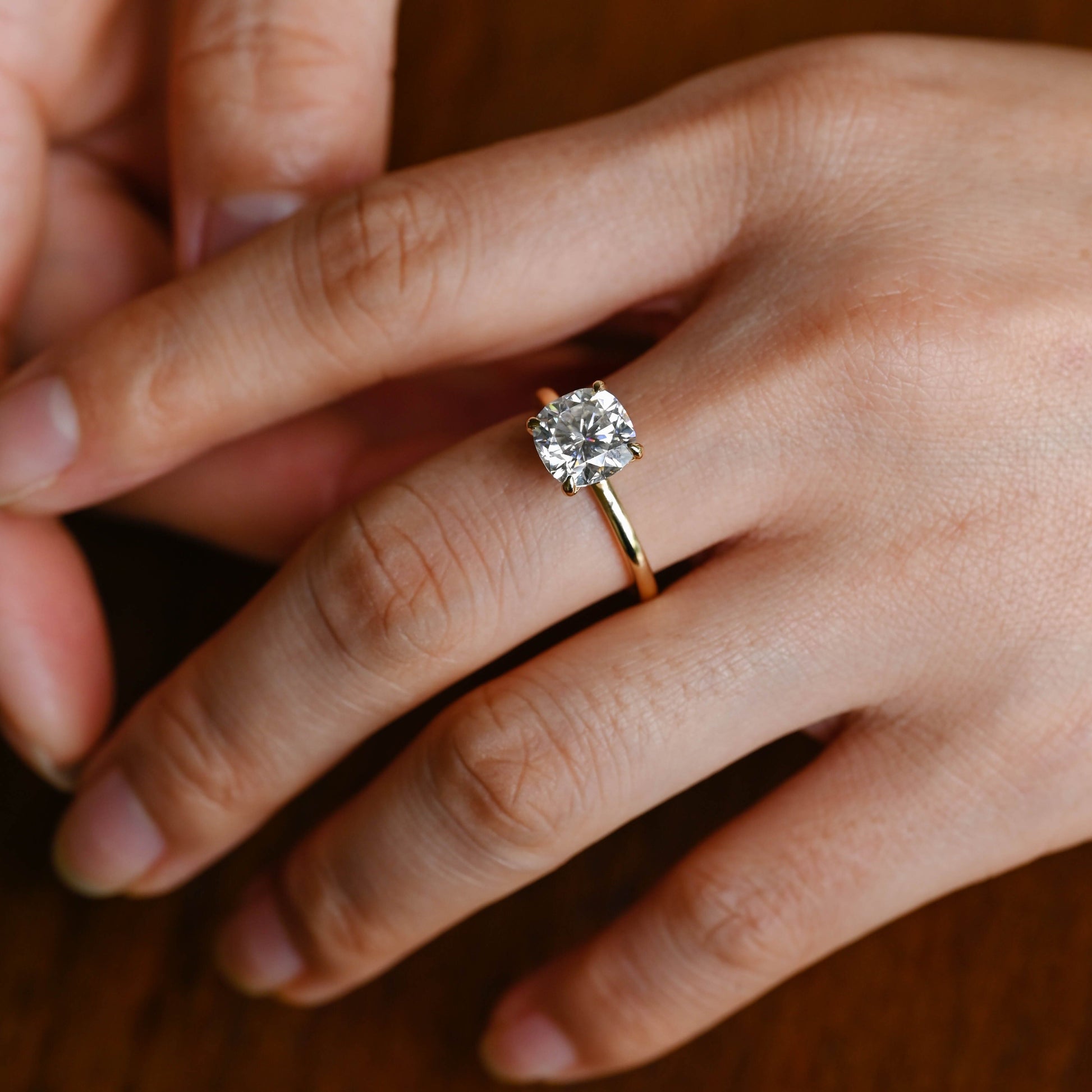 SquareJewelry cushion cut moissanite engagement ring Solid Gold Hidden Halo Cushion Cut Moissanite Engagement Ring