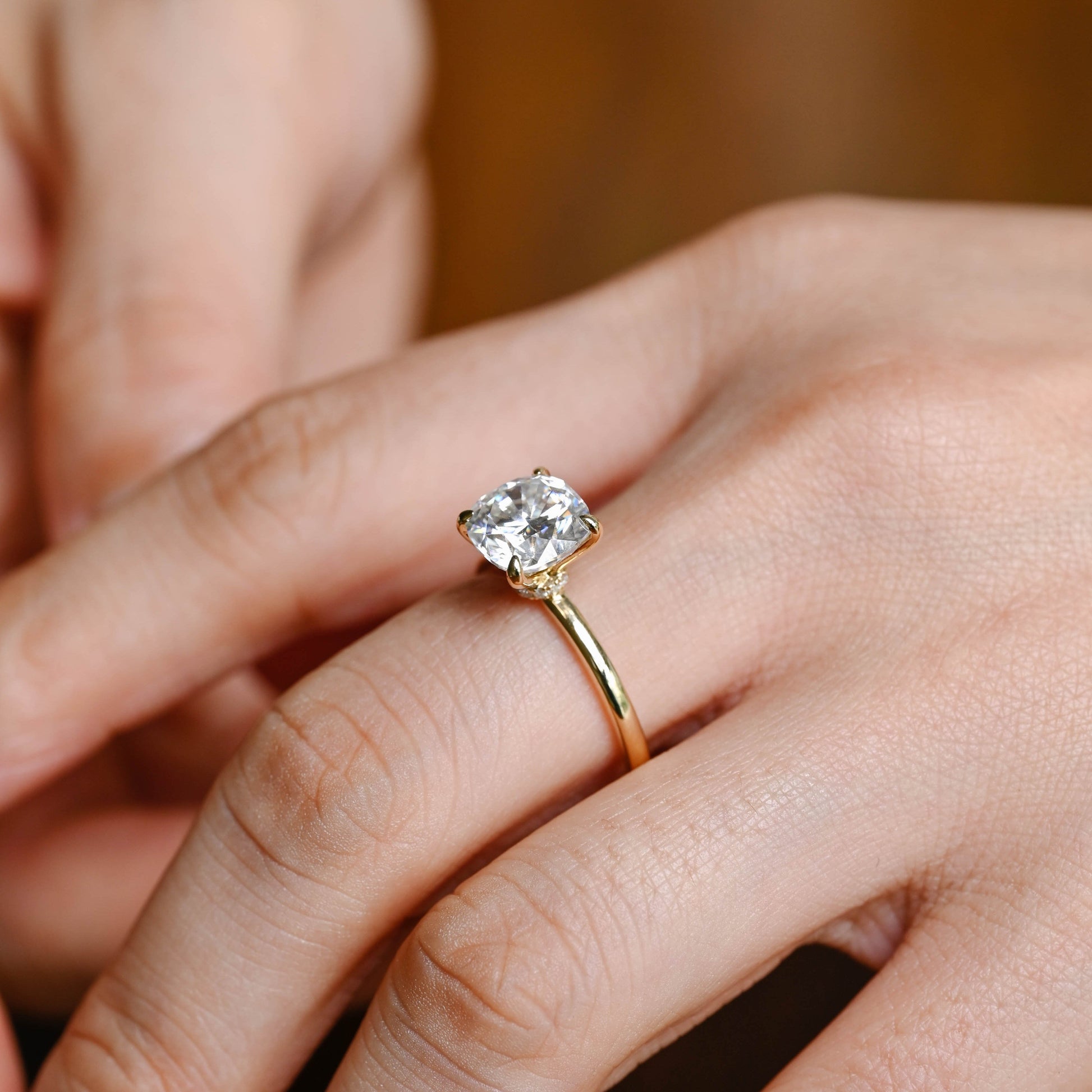 SquareJewelry cushion cut moissanite engagement ring Solid Gold Hidden Halo Cushion Cut Moissanite Engagement Ring
