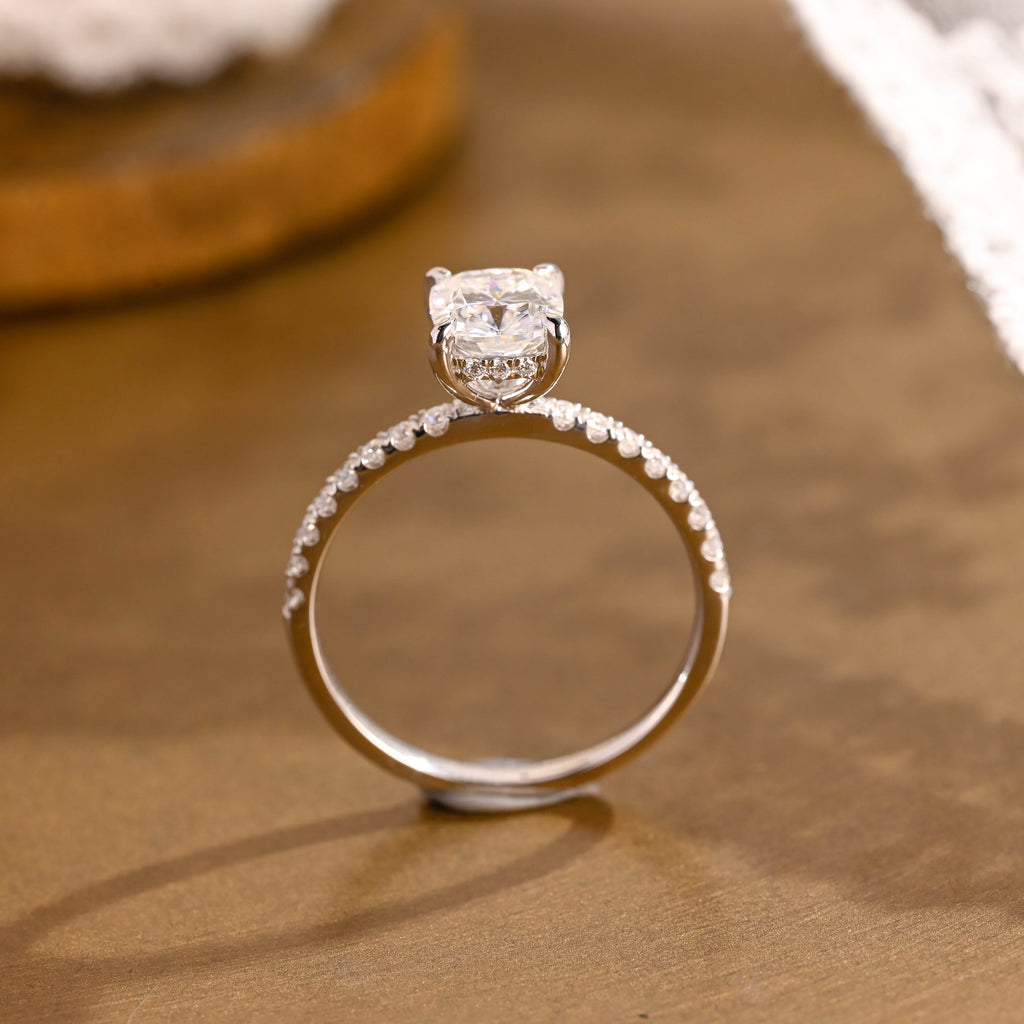 SquareJewelry cushion cut moissanite engagement ring Solid Gold Hidden Halo Cushion Moissanite Engagement Ring