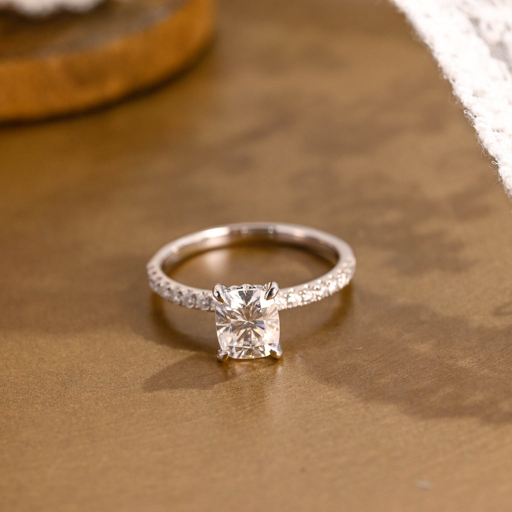 SquareJewelry cushion cut moissanite engagement ring Solid Gold Hidden Halo Cushion Moissanite Engagement Ring