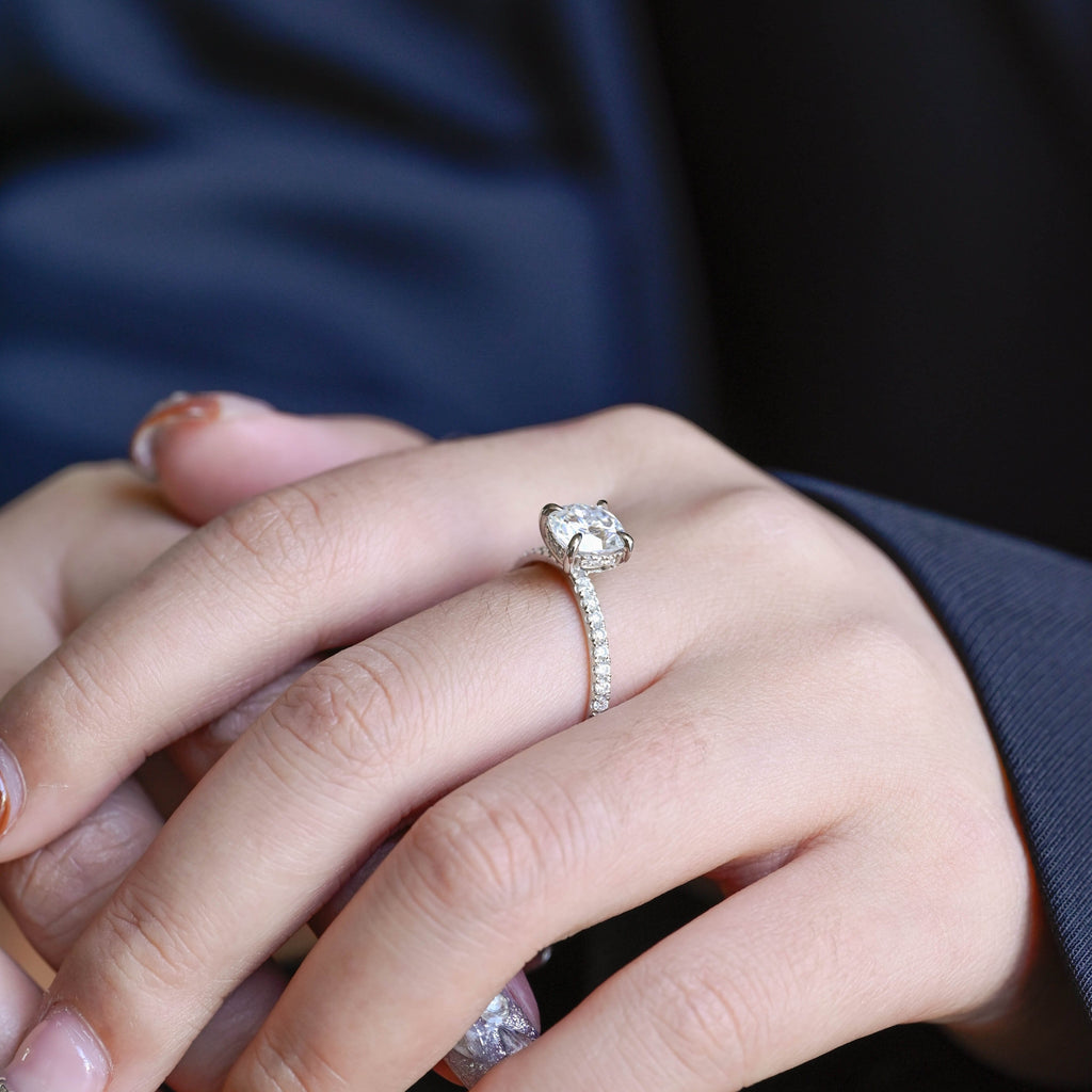 SquareJewelry cushion cut moissanite engagement ring Solid Gold Hidden Halo Cushion Moissanite Engagement Ring