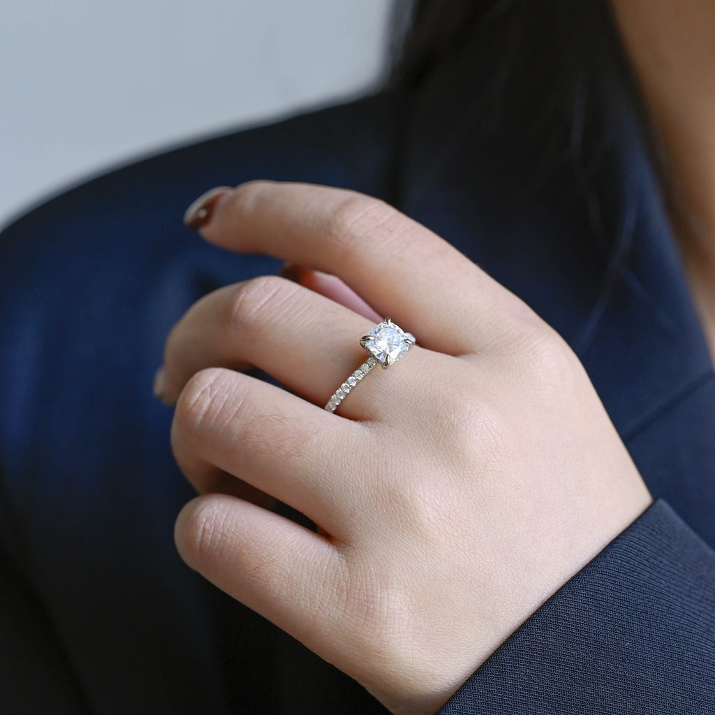 SquareJewelry cushion cut moissanite engagement ring Solid Gold Hidden Halo Cushion Moissanite Engagement Ring