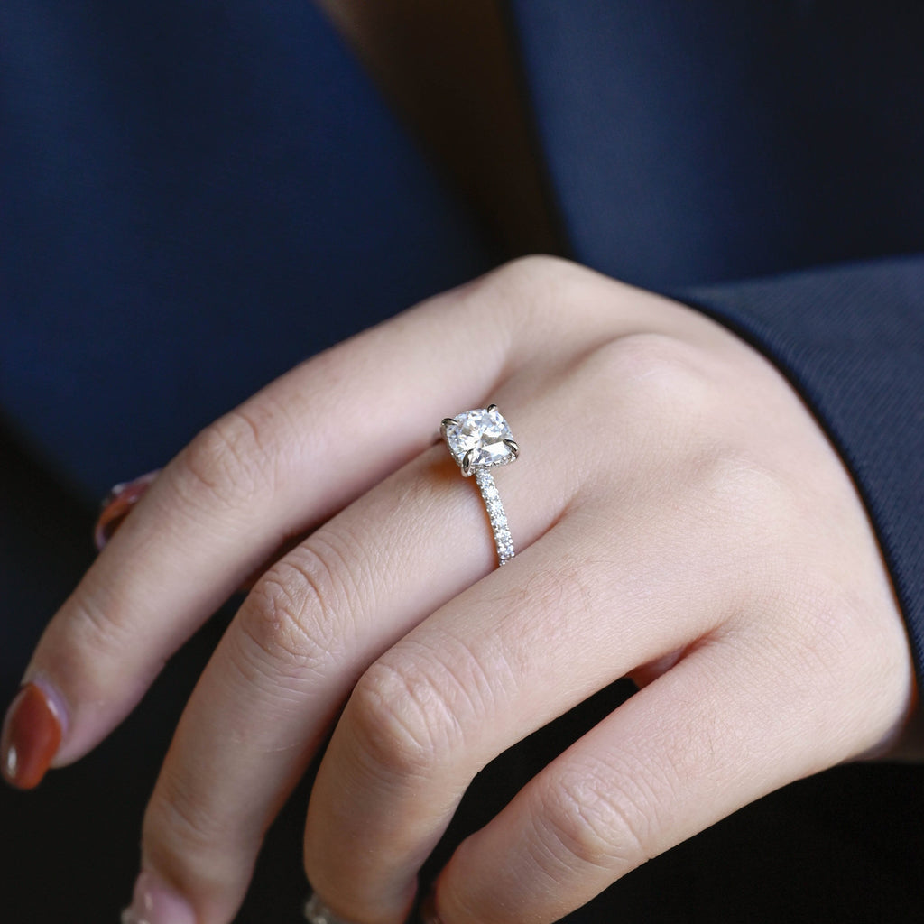 SquareJewelry cushion cut moissanite engagement ring Solid Gold Hidden Halo Cushion Moissanite Engagement Ring