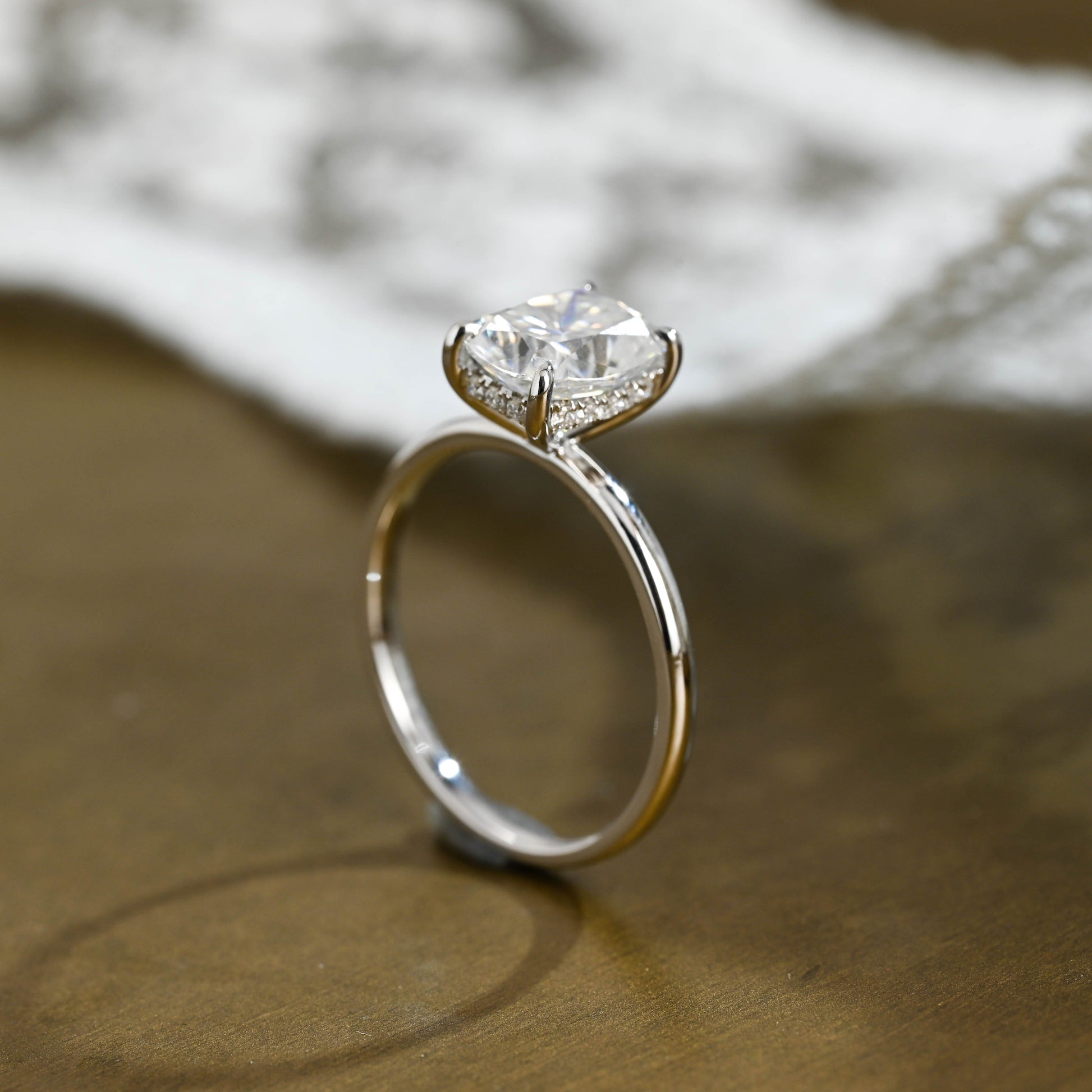 SquareJewelry cushion cut moissanite engagement ring Solid Gold Hidden Halo Elongated Cushion Cut Moissanite Engagement Ring