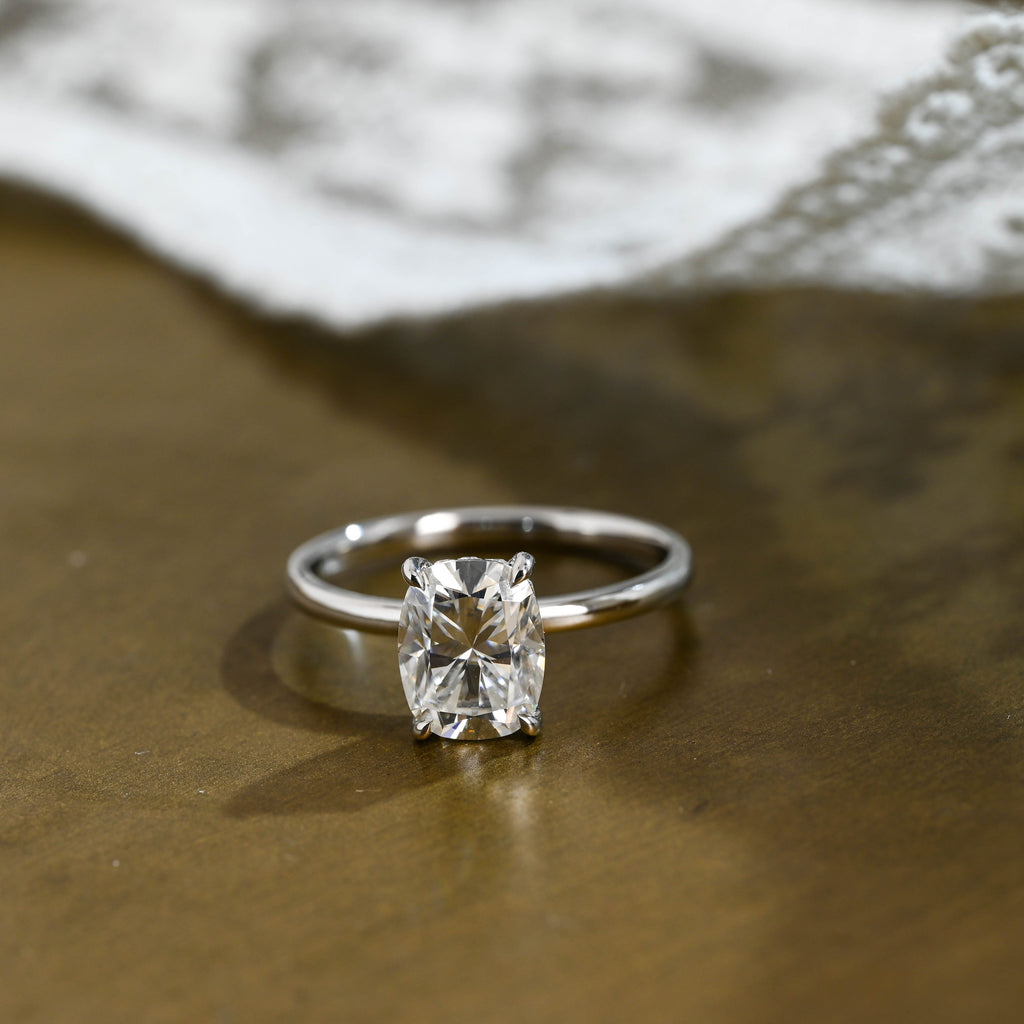 SquareJewelry cushion cut moissanite engagement ring Solid Gold Hidden Halo Elongated Cushion Cut Moissanite Engagement Ring