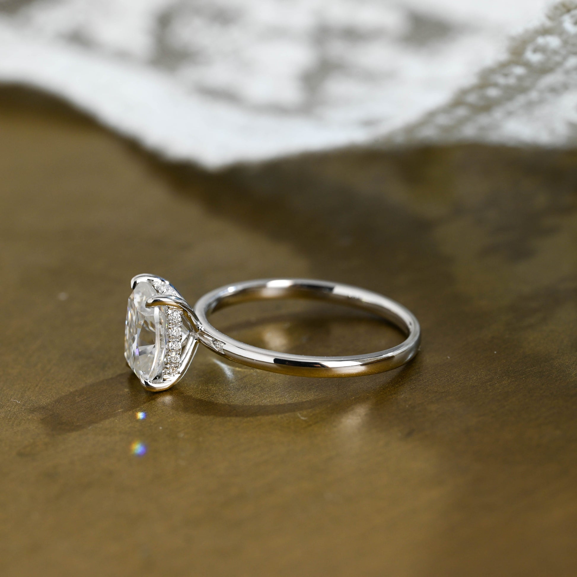 SquareJewelry cushion cut moissanite engagement ring Solid Gold Hidden Halo Elongated Cushion Cut Moissanite Engagement Ring