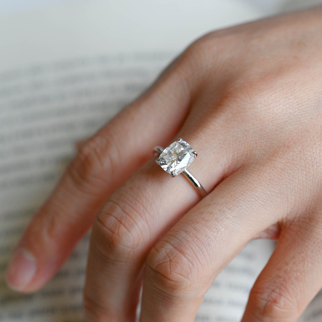 SquareJewelry cushion cut moissanite engagement ring Solid Gold Hidden Halo Elongated Cushion Cut Moissanite Engagement Ring