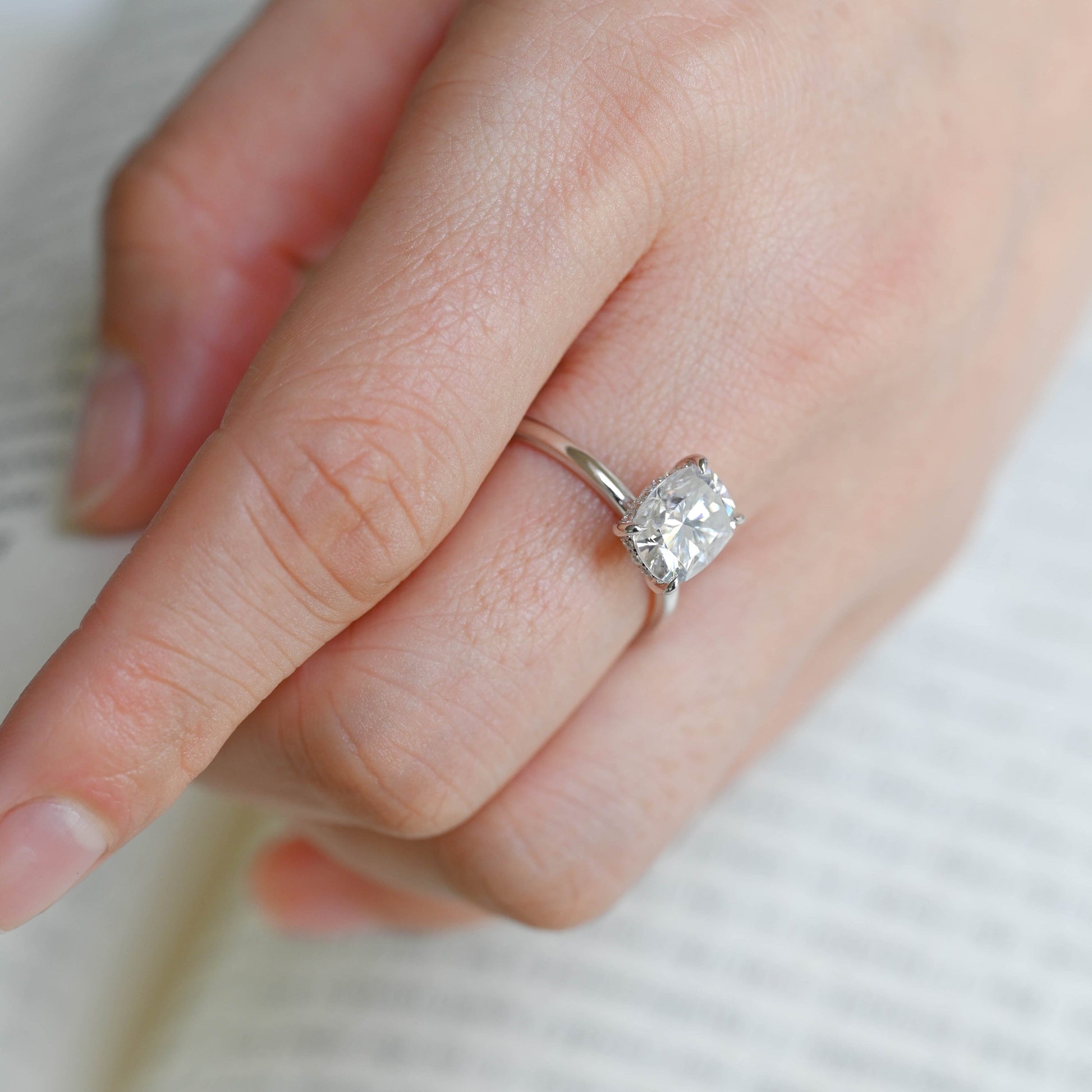 SquareJewelry cushion cut moissanite engagement ring Solid Gold Hidden Halo Elongated Cushion Cut Moissanite Engagement Ring