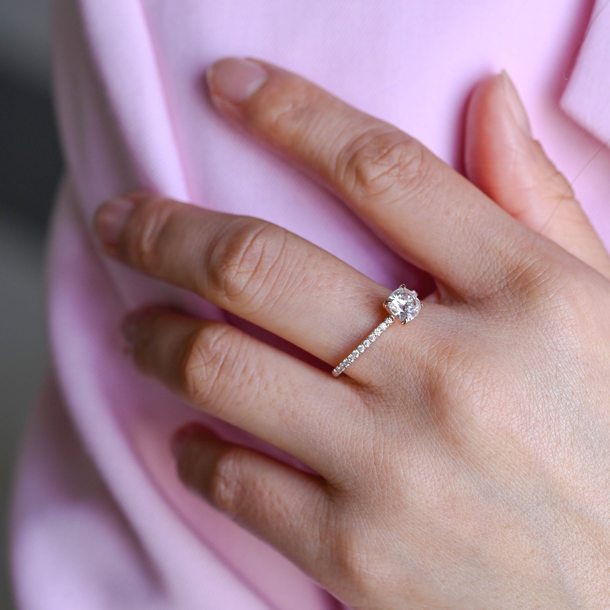 SquareJewelry cushion cut moissanite engagement ring Solid Gold Hidden Halo Elongated Cushion Moissanite Paved Engagement Ring
