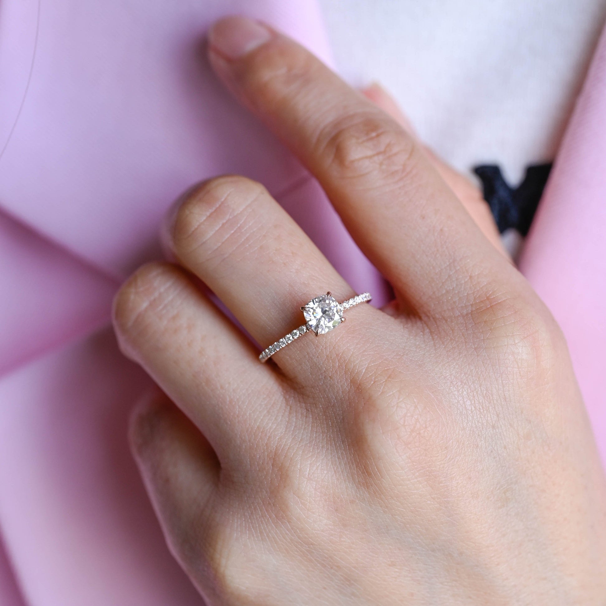 SquareJewelry cushion cut moissanite engagement ring Solid Gold Hidden Halo Elongated Cushion Moissanite Paved Engagement Ring
