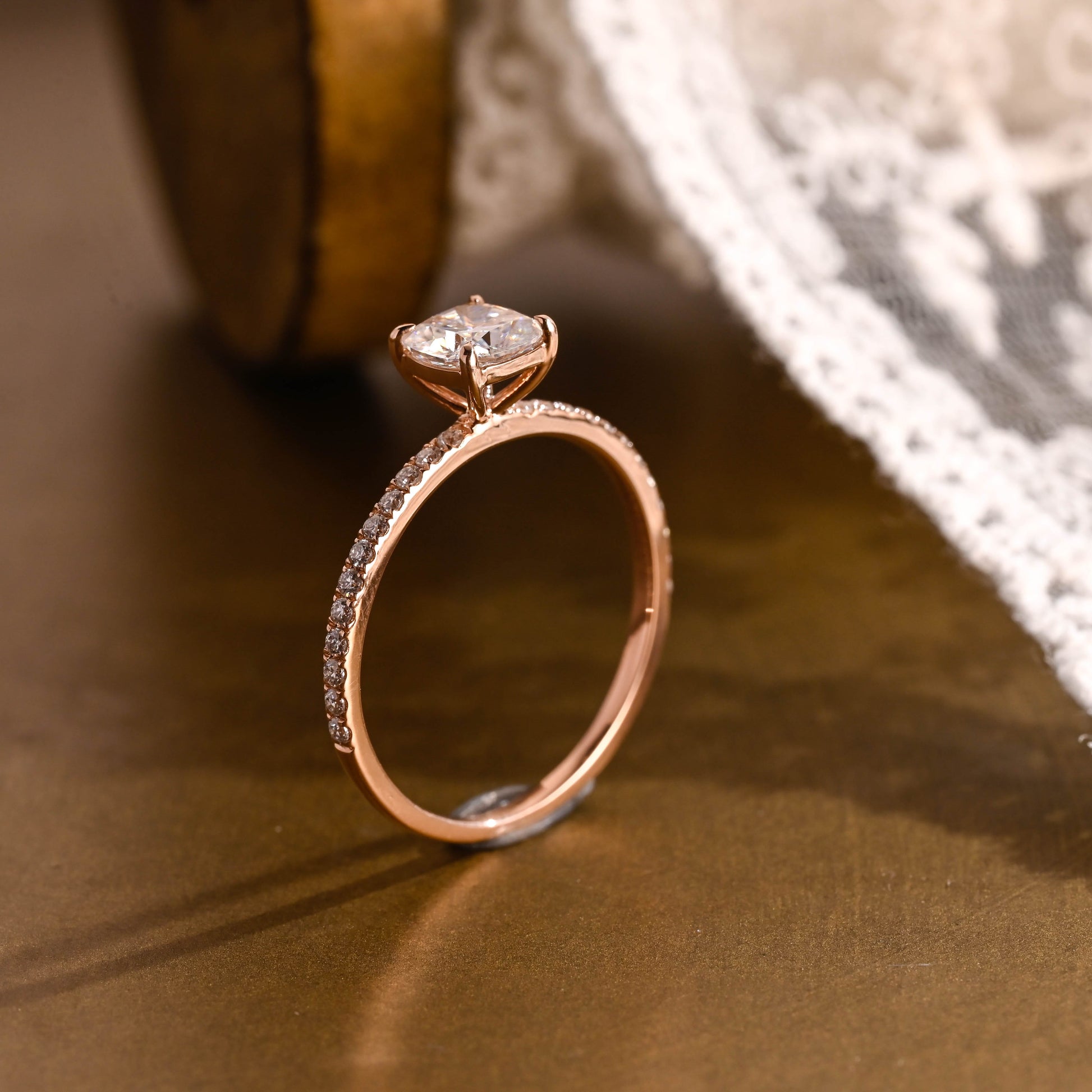 SquareJewelry cushion cut moissanite engagement ring Solid Gold Hidden Halo Elongated Cushion Moissanite Paved Engagement Ring