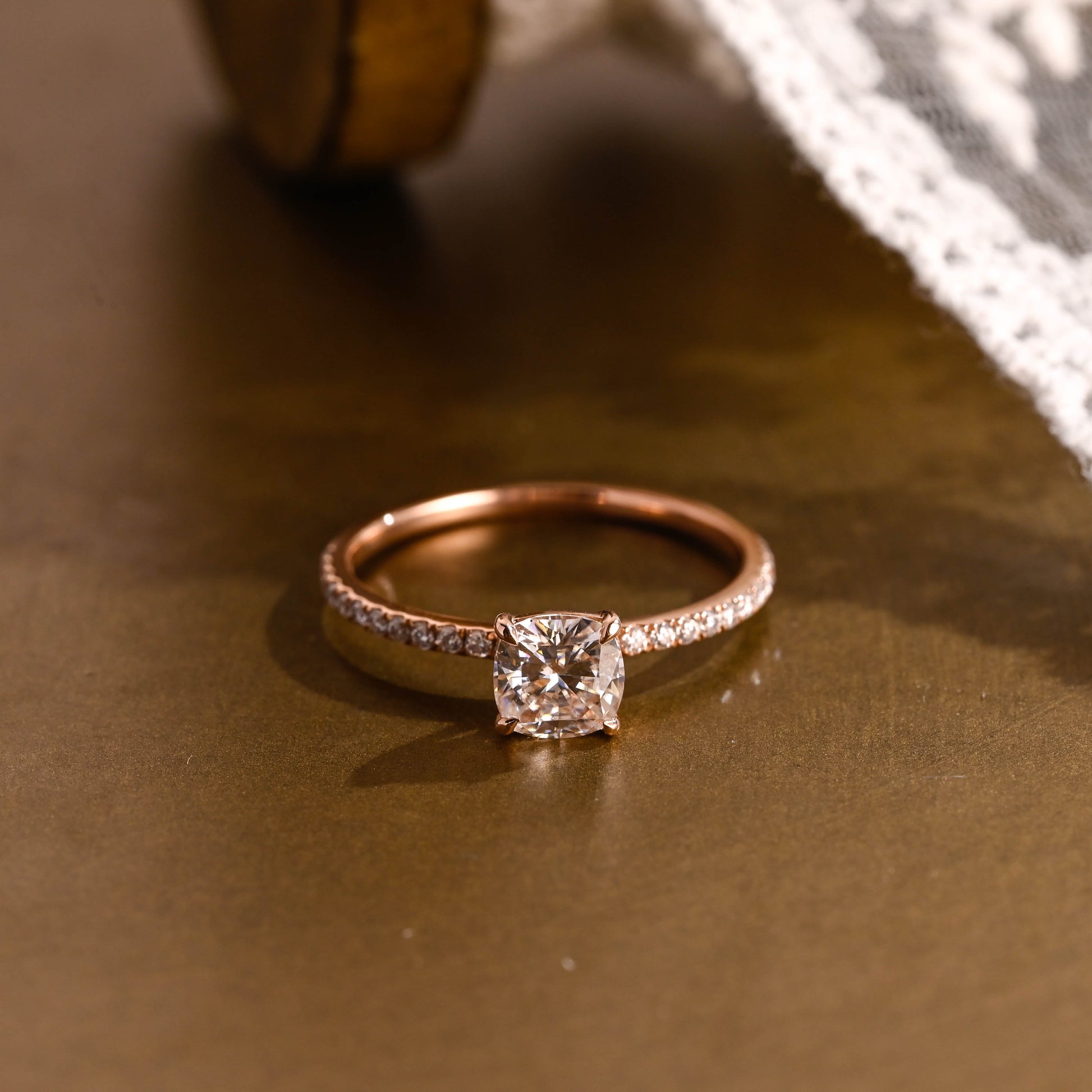 SquareJewelry cushion cut moissanite engagement ring Solid Gold Hidden Halo Elongated Cushion Moissanite Paved Engagement Ring