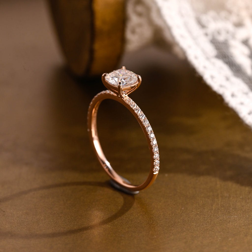 SquareJewelry cushion cut moissanite engagement ring Solid Gold Hidden Halo Elongated Cushion Moissanite Paved Engagement Ring