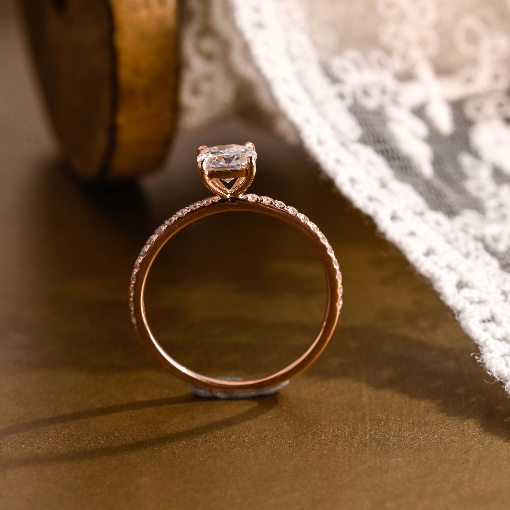 SquareJewelry cushion cut moissanite engagement ring Solid Gold Hidden Halo Elongated Cushion Moissanite Paved Engagement Ring