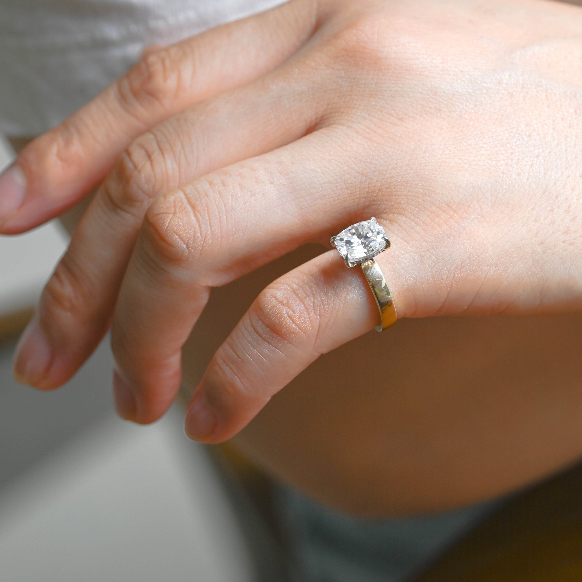 SquareJewelry cushion cut moissanite engagement ring Solid Gold Hidden Halo Two Tone Elongated Cushion Cut Moissanite Engagement Ring