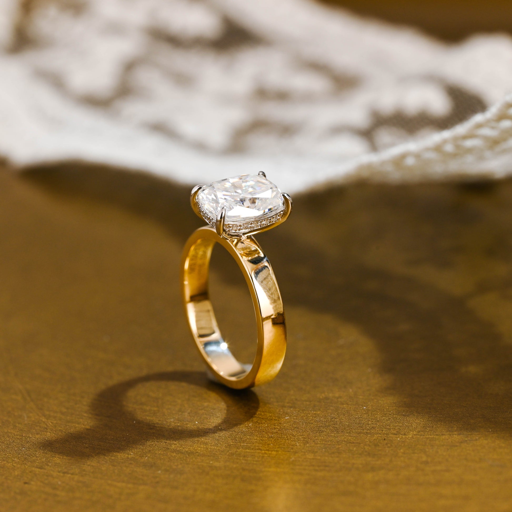 SquareJewelry cushion cut moissanite engagement ring Solid Gold Hidden Halo Two Tone Elongated Cushion Cut Moissanite Engagement Ring