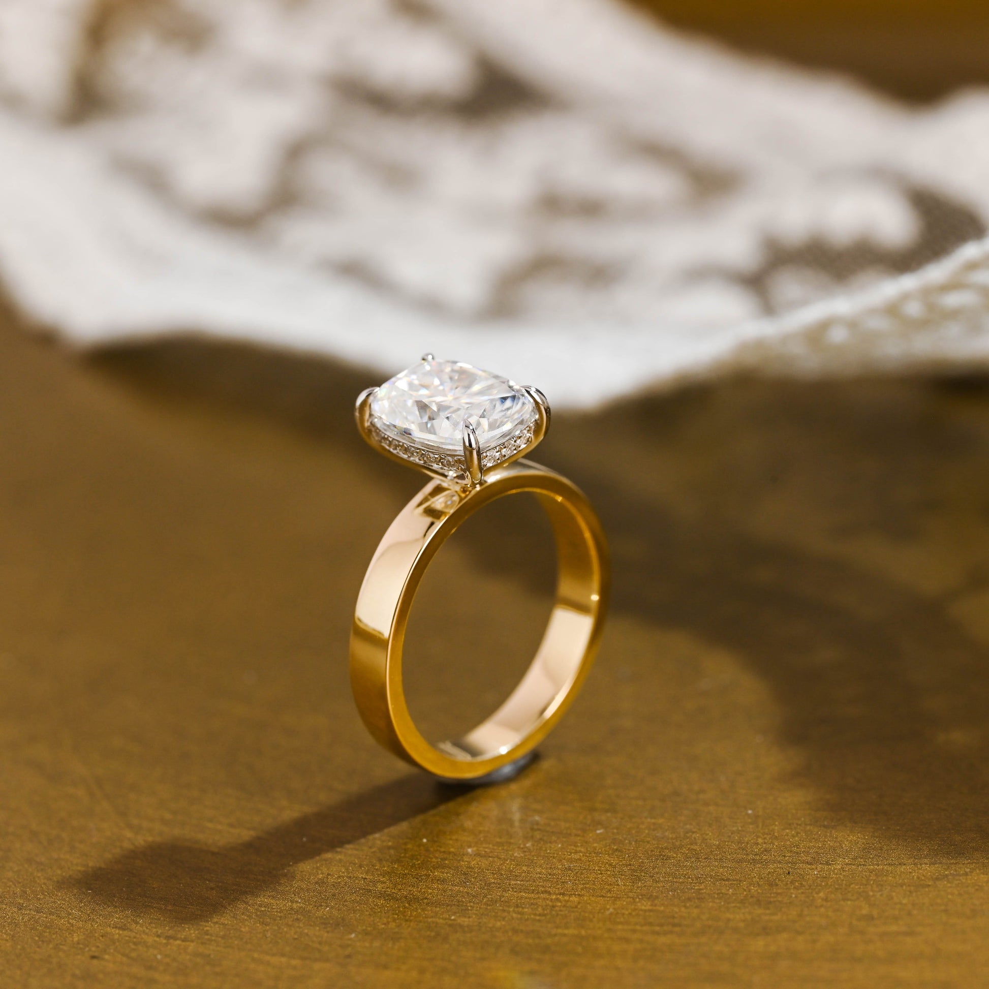 SquareJewelry cushion cut moissanite engagement ring Solid Gold Hidden Halo Two Tone Elongated Cushion Cut Moissanite Engagement Ring