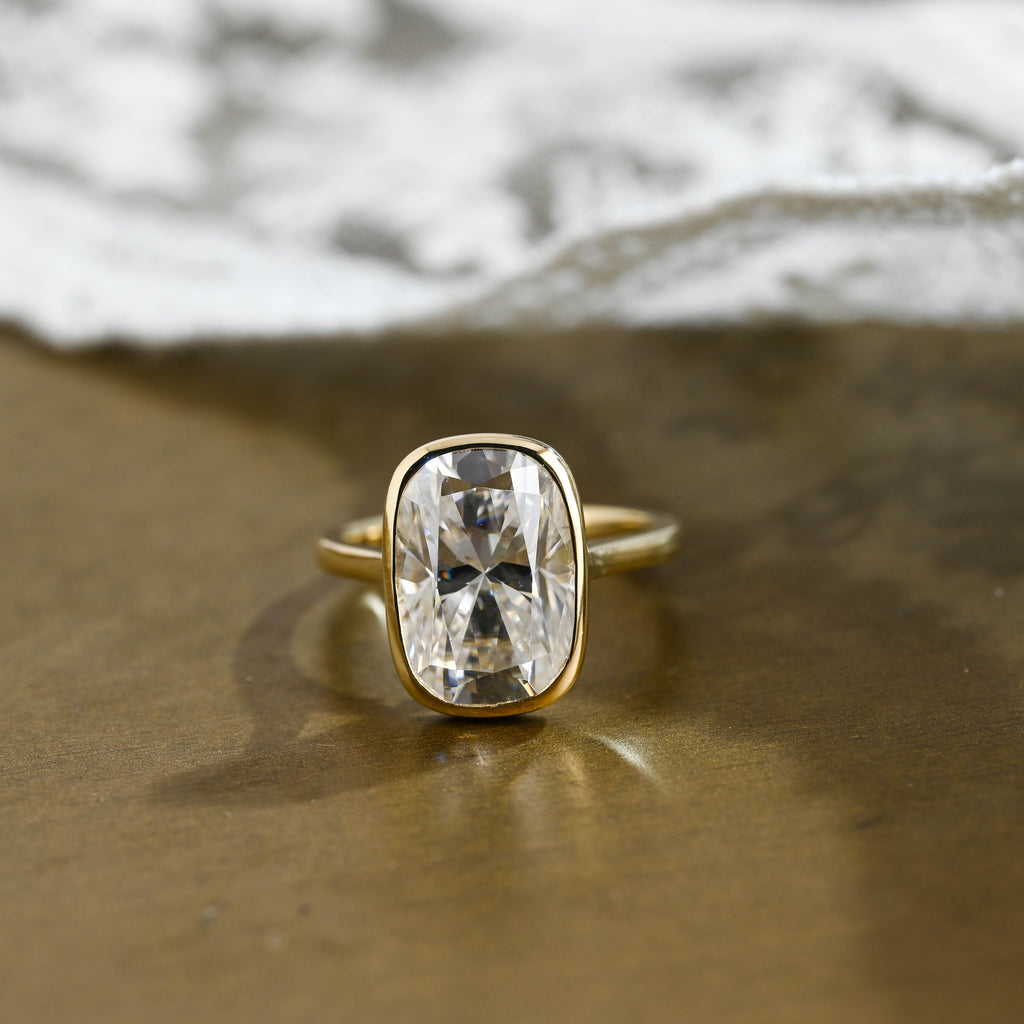 SquareJewelry cushion cut moissanite engagement ring Solid Gold Solitaire Bezel Elongated Cushion Cut Moissanite Engagement Ring