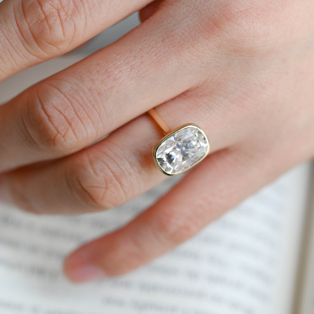 SquareJewelry cushion cut moissanite engagement ring Solid Gold Solitaire Bezel Elongated Cushion Cut Moissanite Engagement Ring