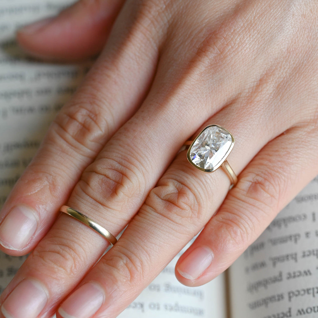 SquareJewelry cushion cut moissanite engagement ring Solid Gold Solitaire Bezel Elongated Cushion Cut Moissanite Engagement Ring