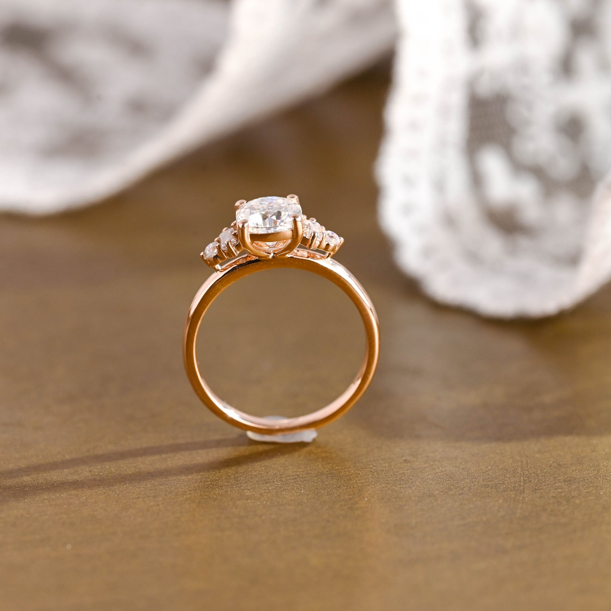 SquareJewelry cushion cut moissanite engagement ring Solid Gold Three Stone Cushion Cut Moissanite Engagement Ring with Tapered Accent Stone