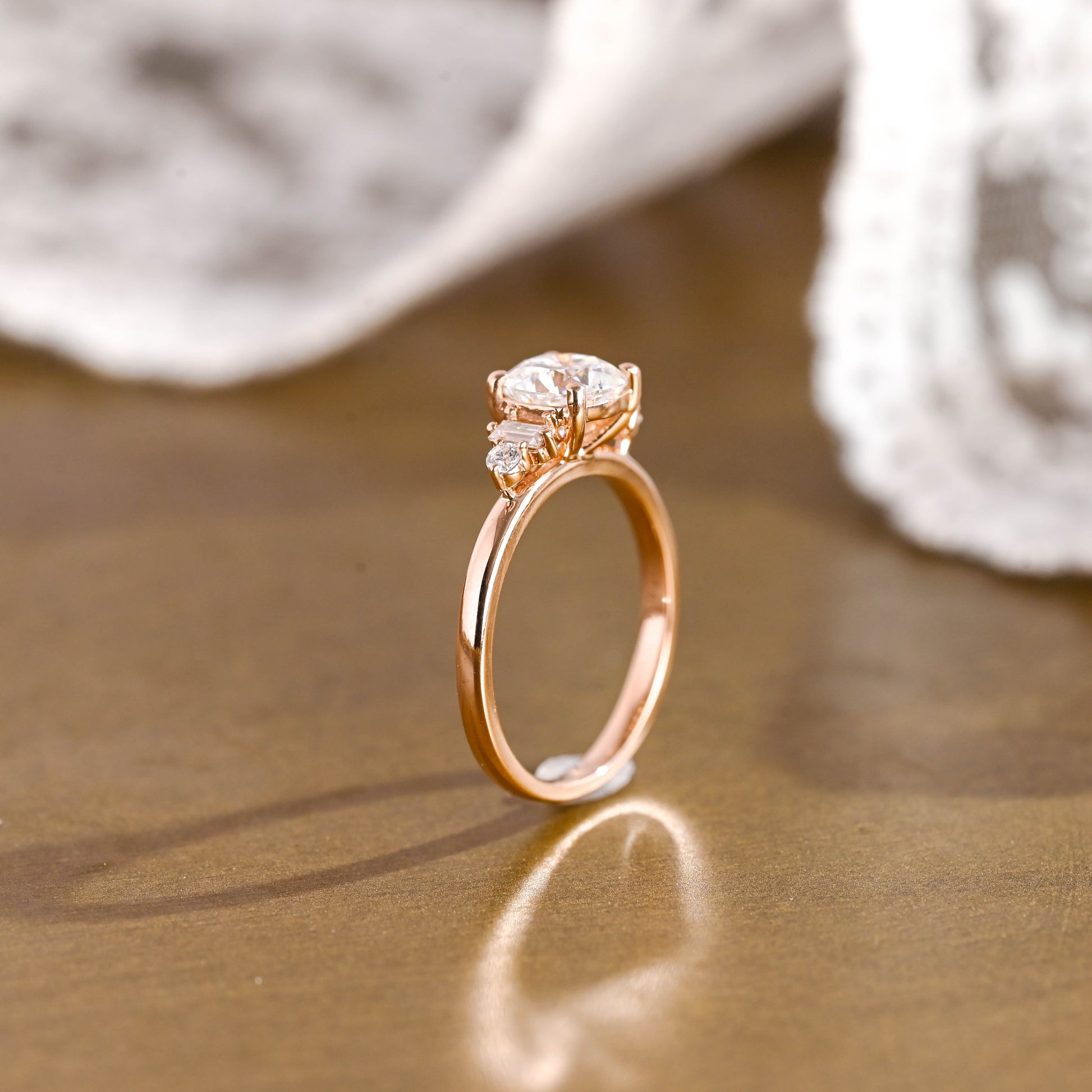 SquareJewelry cushion cut moissanite engagement ring Solid Gold Three Stone Cushion Cut Moissanite Engagement Ring with Tapered Accent Stone