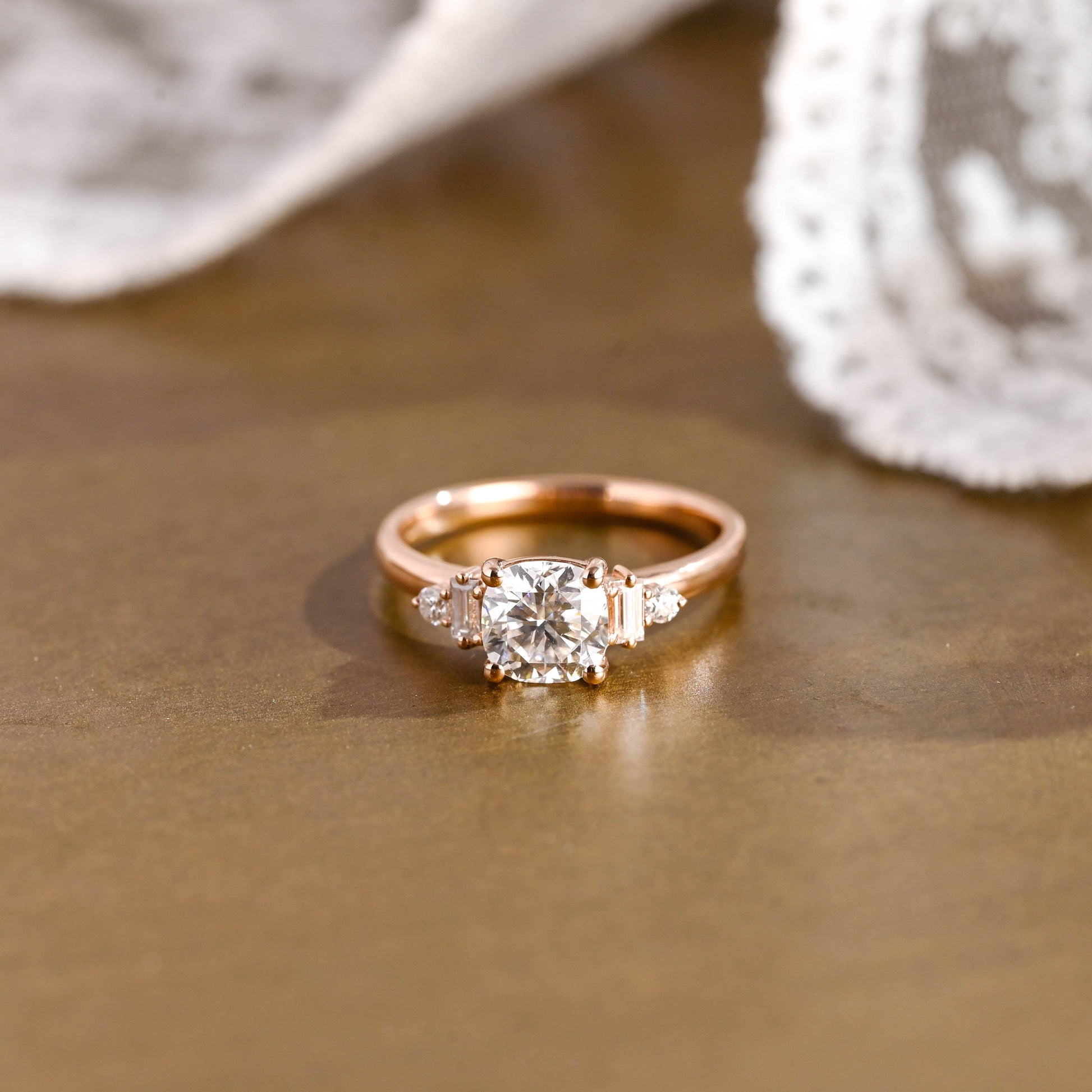 SquareJewelry cushion cut moissanite engagement ring Solid Gold Three Stone Cushion Cut Moissanite Engagement Ring with Tapered Accent Stone