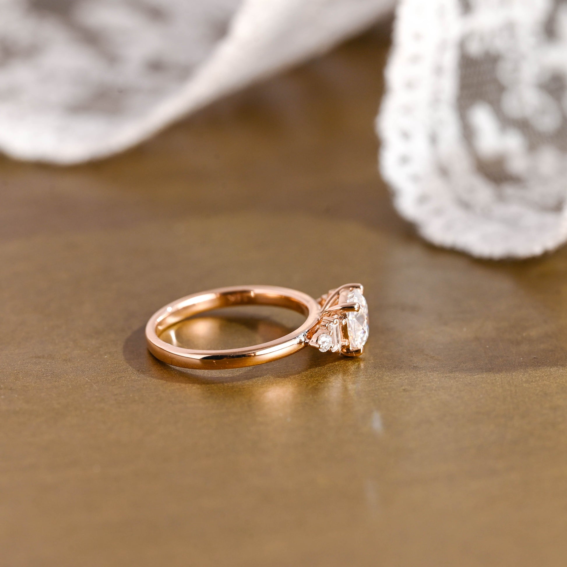 SquareJewelry cushion cut moissanite engagement ring Solid Gold Three Stone Cushion Cut Moissanite Engagement Ring with Tapered Accent Stone