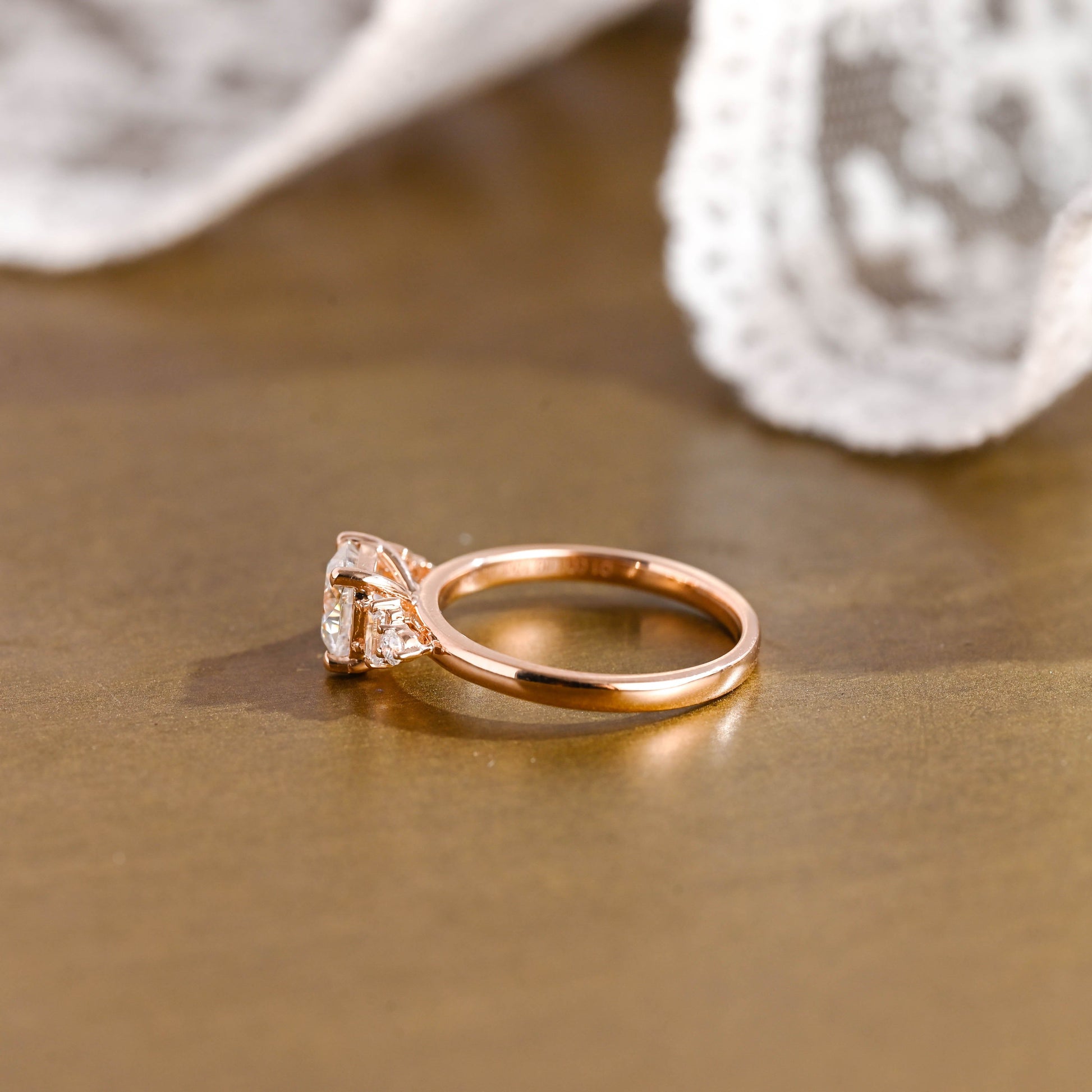 SquareJewelry cushion cut moissanite engagement ring Solid Gold Three Stone Cushion Cut Moissanite Engagement Ring with Tapered Accent Stone