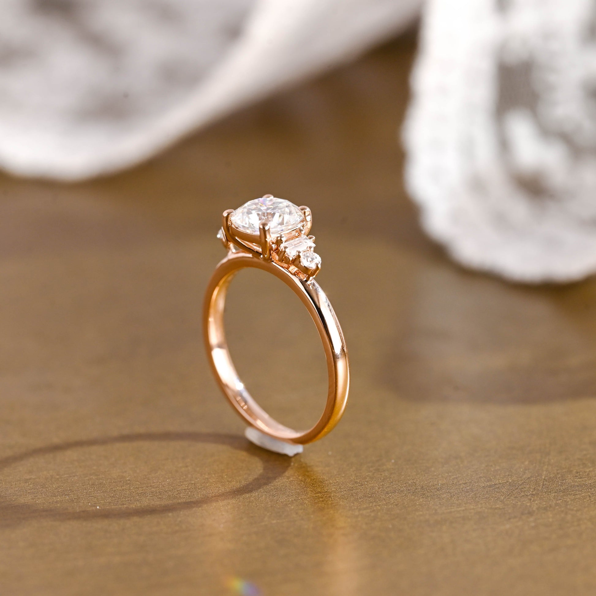 SquareJewelry cushion cut moissanite engagement ring Solid Gold Three Stone Cushion Cut Moissanite Engagement Ring with Tapered Accent Stone